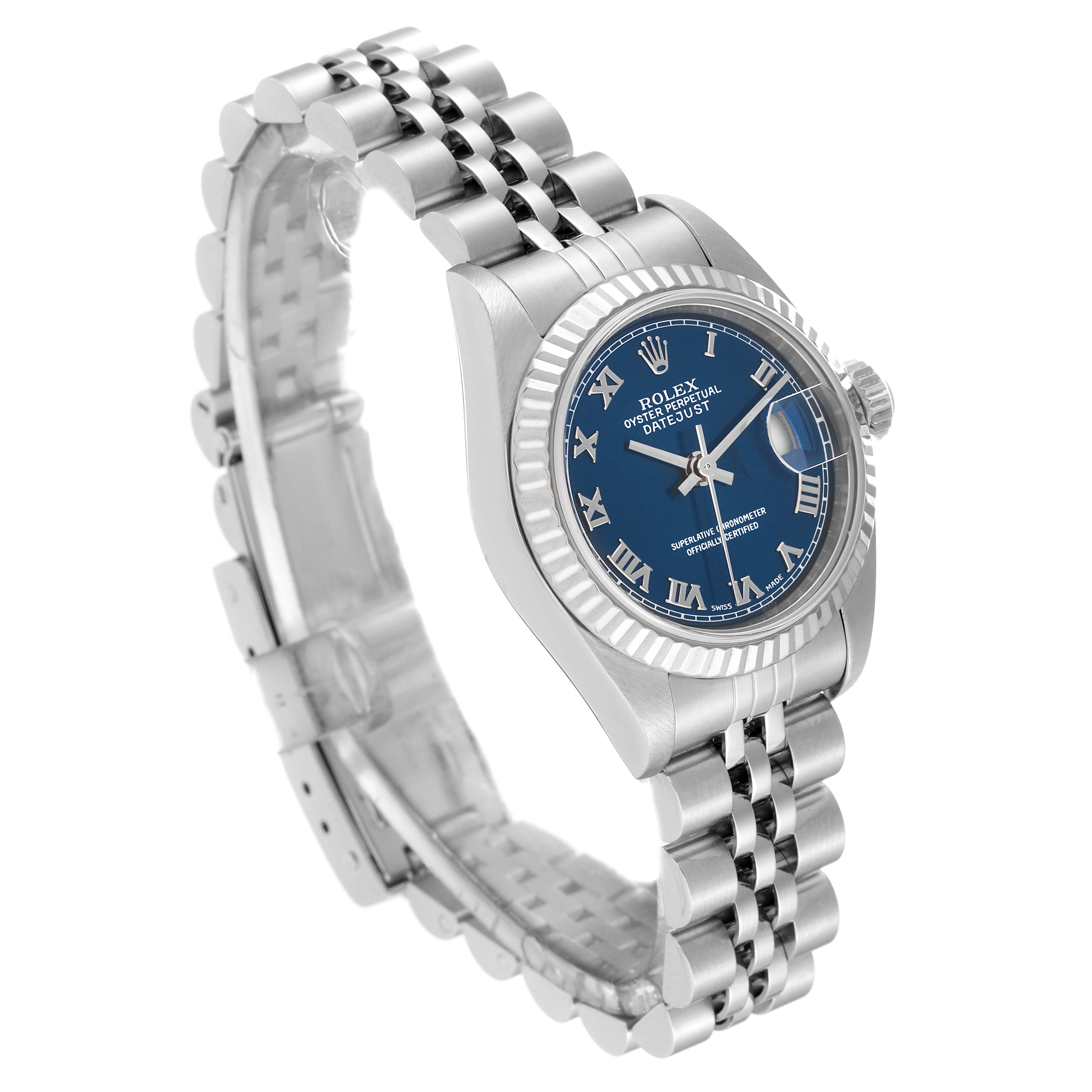 The image shows a side angle of a Rolex Datejust 79174 Women's Stainless Steel Blue Dial 79174 Women's Stainless Steel Blue Dial watch with a blue dial and Jubilee bracelet.