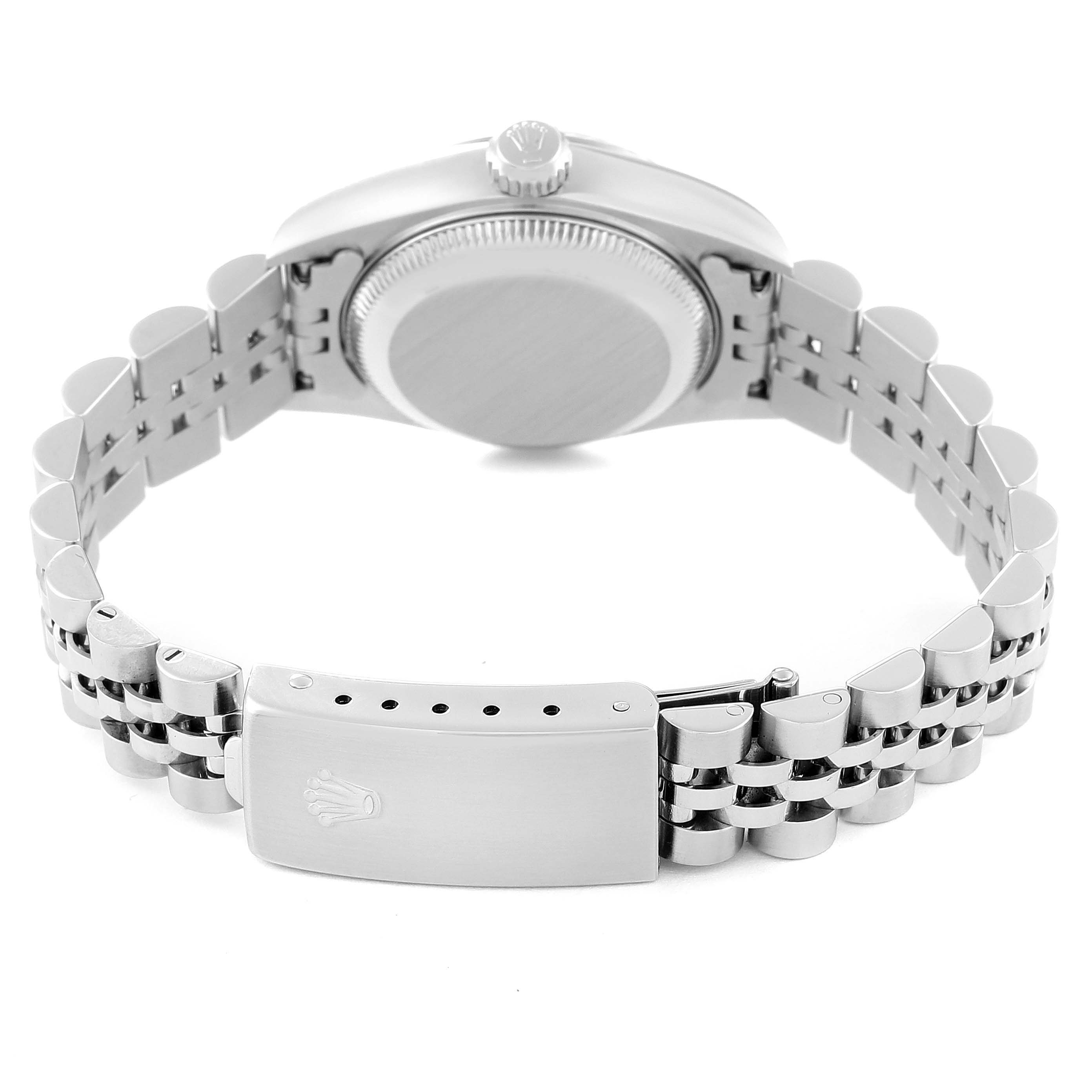 The image shows the back view of a Rolex Datejust 79174 Women's Stainless Steel Blue Dial 79174 Women's Stainless Steel Blue Dial watch, highlighting the Jubilee bracelet and clasp.