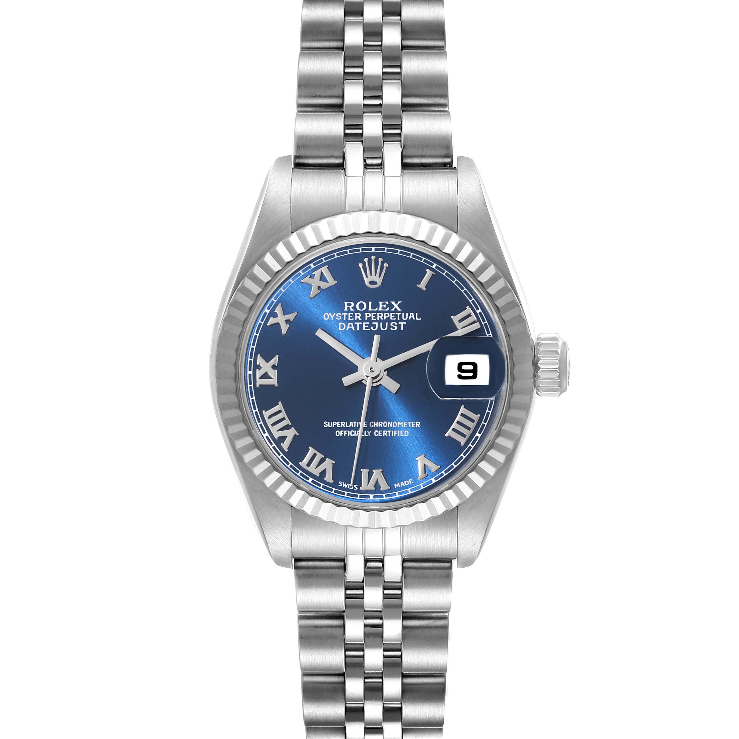 The Rolex Datejust 79174 Women's Stainless Steel Blue Dial 79174 Women's Stainless Steel Blue Dial watch is shown from a top-down angle, displaying its face, bezel, and bracelet.