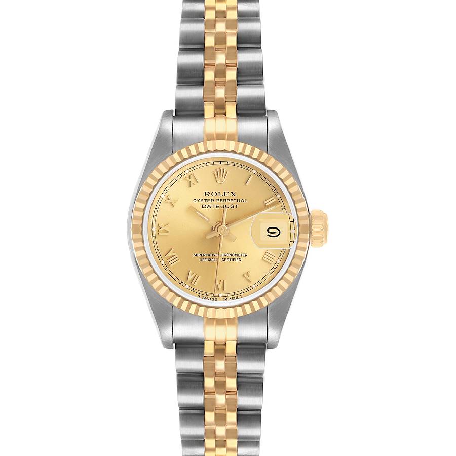 The Rolex Datejust 69173 Women's Stainless Steel Champagne Dial watch is shown from a front angle, displaying its dial, bezel, and two-tone bracelet.