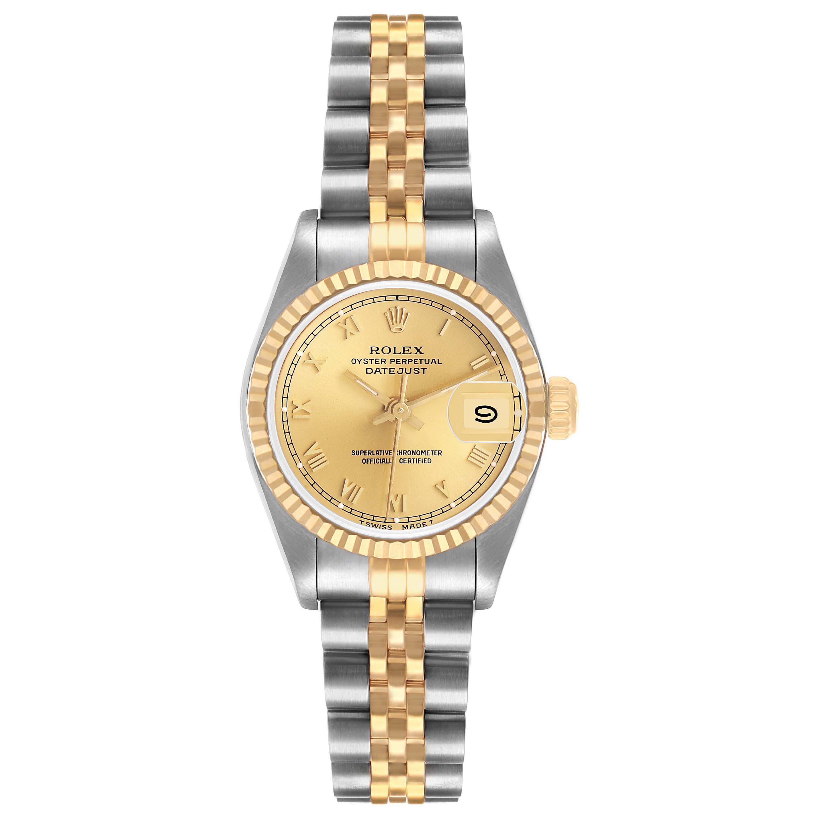 The Rolex Datejust 69173 Women's Stainless Steel Champagne Dial watch is shown from a top-down angle, displaying its two-tone bracelet, gold dial, and date feature.