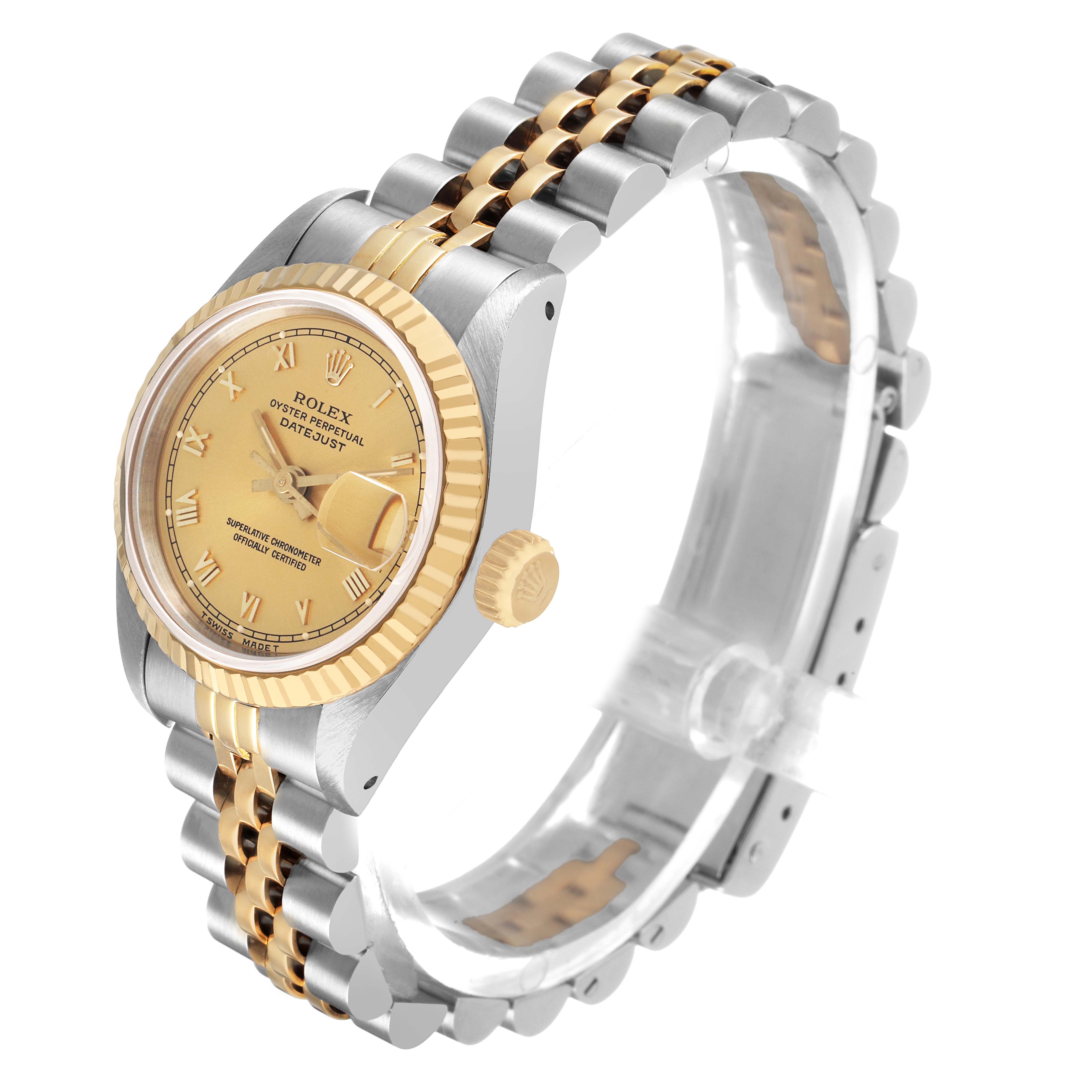 This Rolex Datejust 69173 Women's Stainless Steel Champagne Dial watch is shown at a slight angle, highlighting the dial, fluted bezel, crown, and Jubilee bracelet.