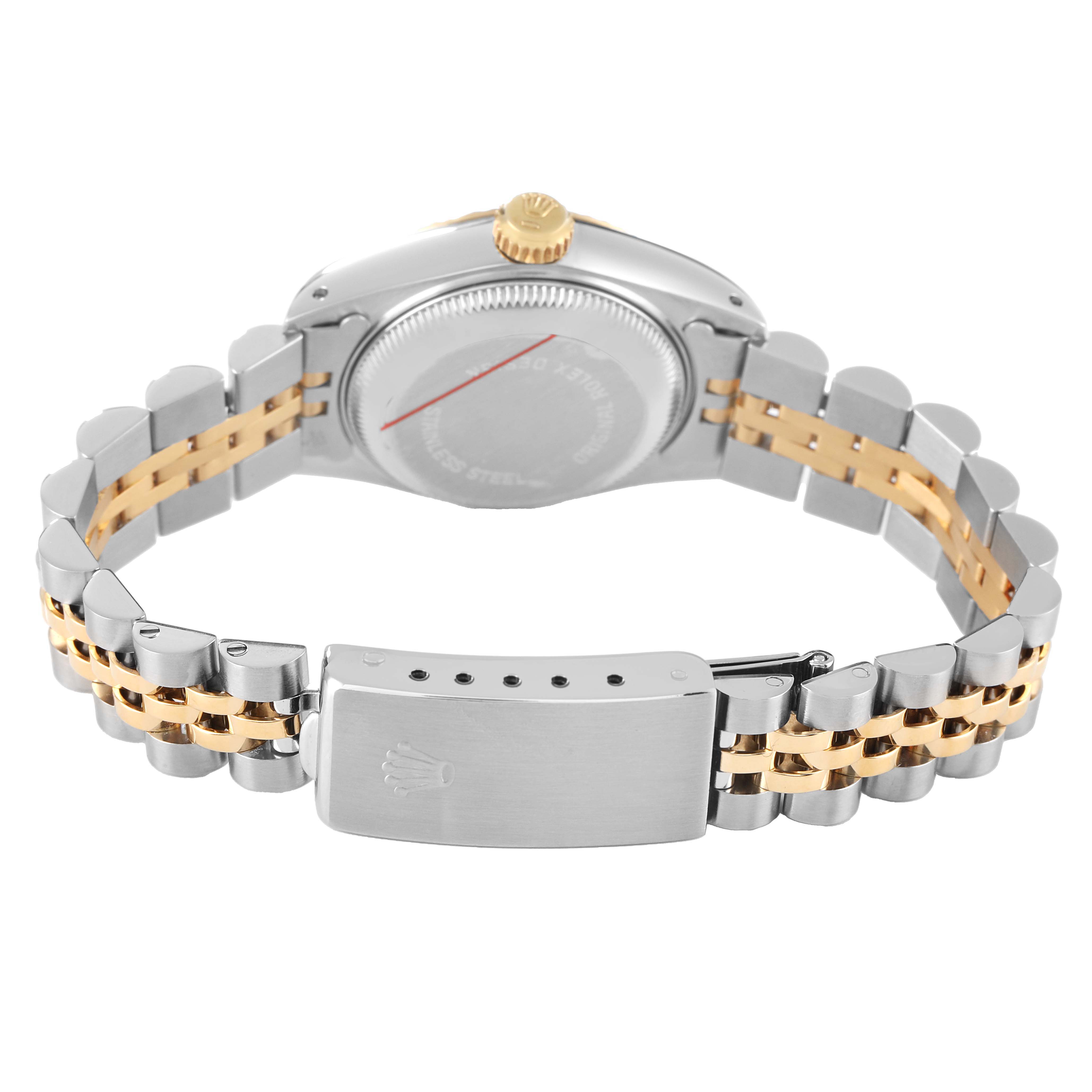 The image shows the Rolex Datejust 69173 Women's Stainless Steel Champagne Dial from the back, highlighting the bracelet, clasp, and case back.