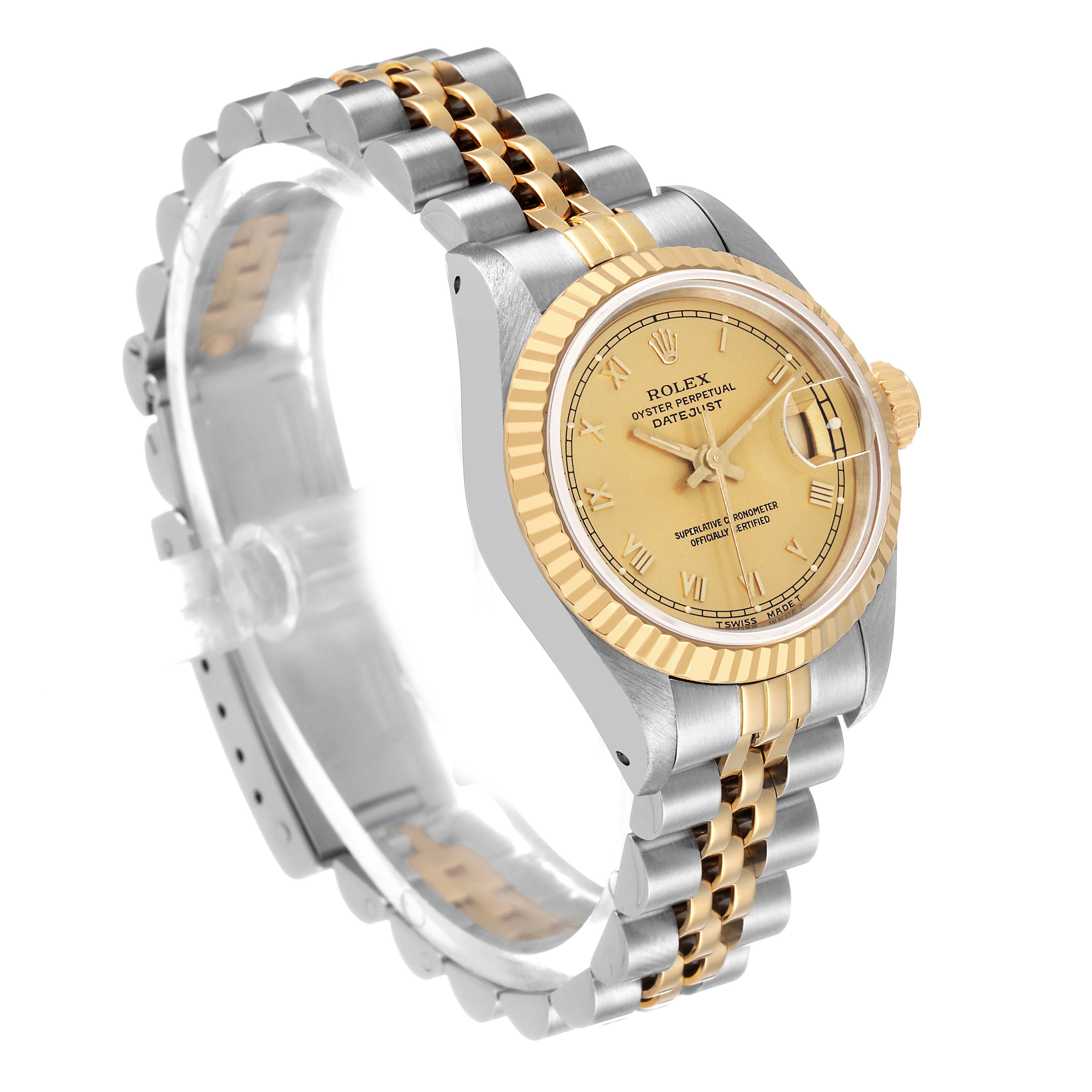 The Rolex Datejust 69173 Women's Stainless Steel Champagne Dial watch is shown at a slight angle, highlighting the face, fluted bezel, and two-tone bracelet.