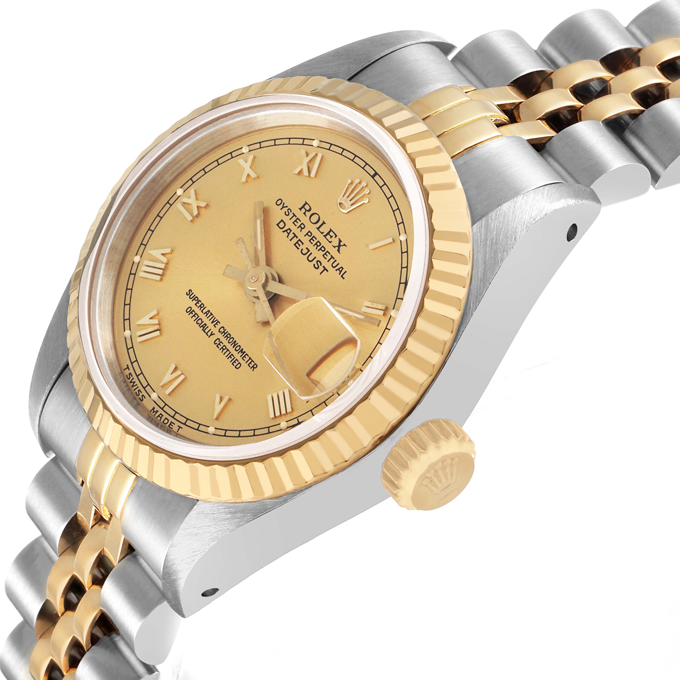 The Rolex Datejust 69173 Women's Stainless Steel Champagne Dial watch is shown from a side angle, highlighting the bezel, crown, dial, and part of the bracelet.