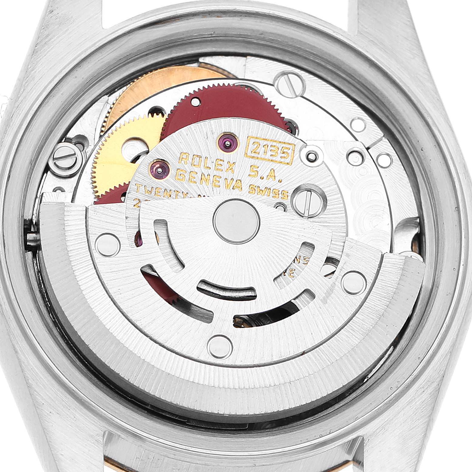 The image shows the movement of a Rolex Datejust 69173 Women's Stainless Steel Champagne Dial watch from a back angle, highlighting the rotor and gears.