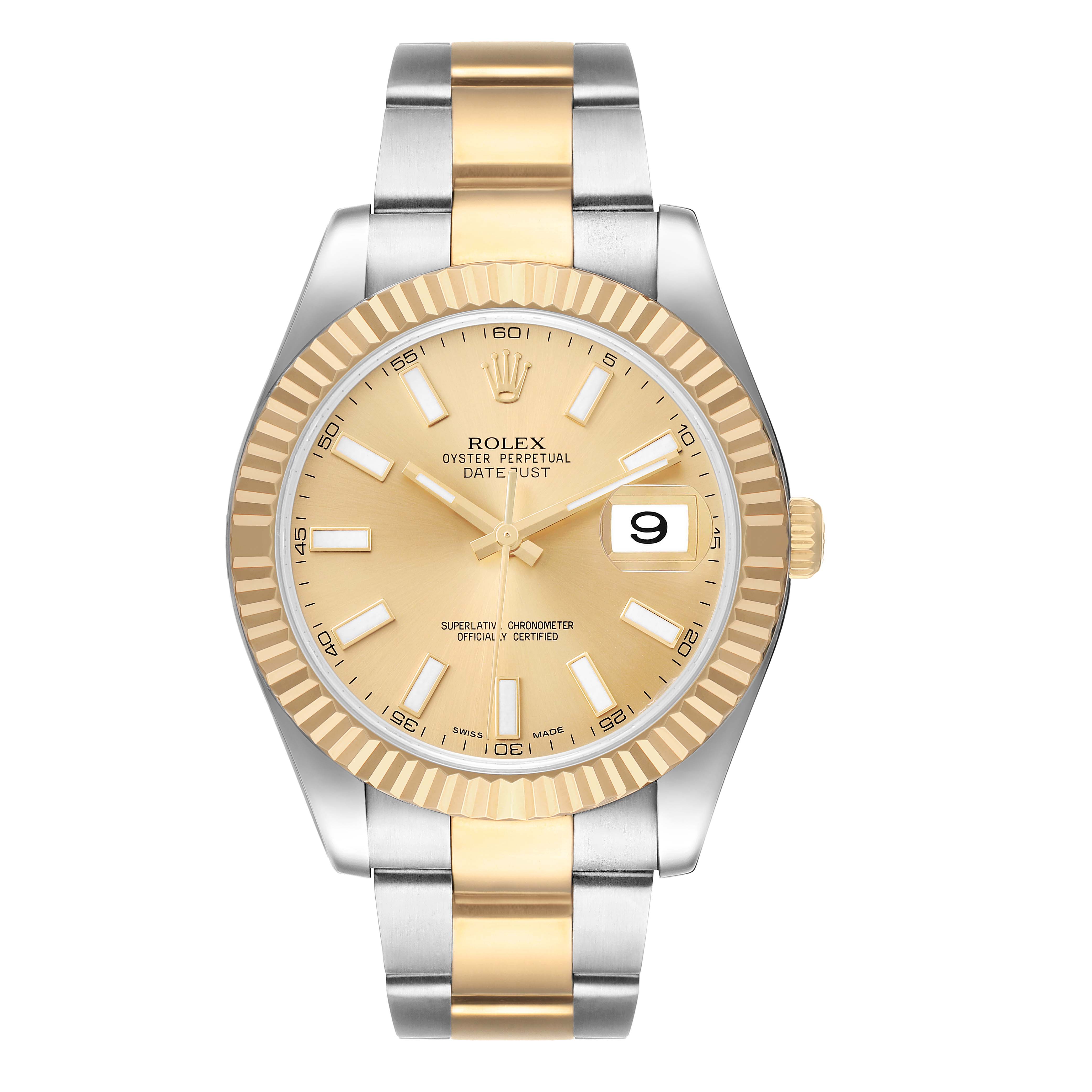 The Rolex Datejust 41 116333 Men's Stainless Steel Champagne Dial is shown from the front, displaying its gold dial, fluted bezel, and two-tone bracelet.