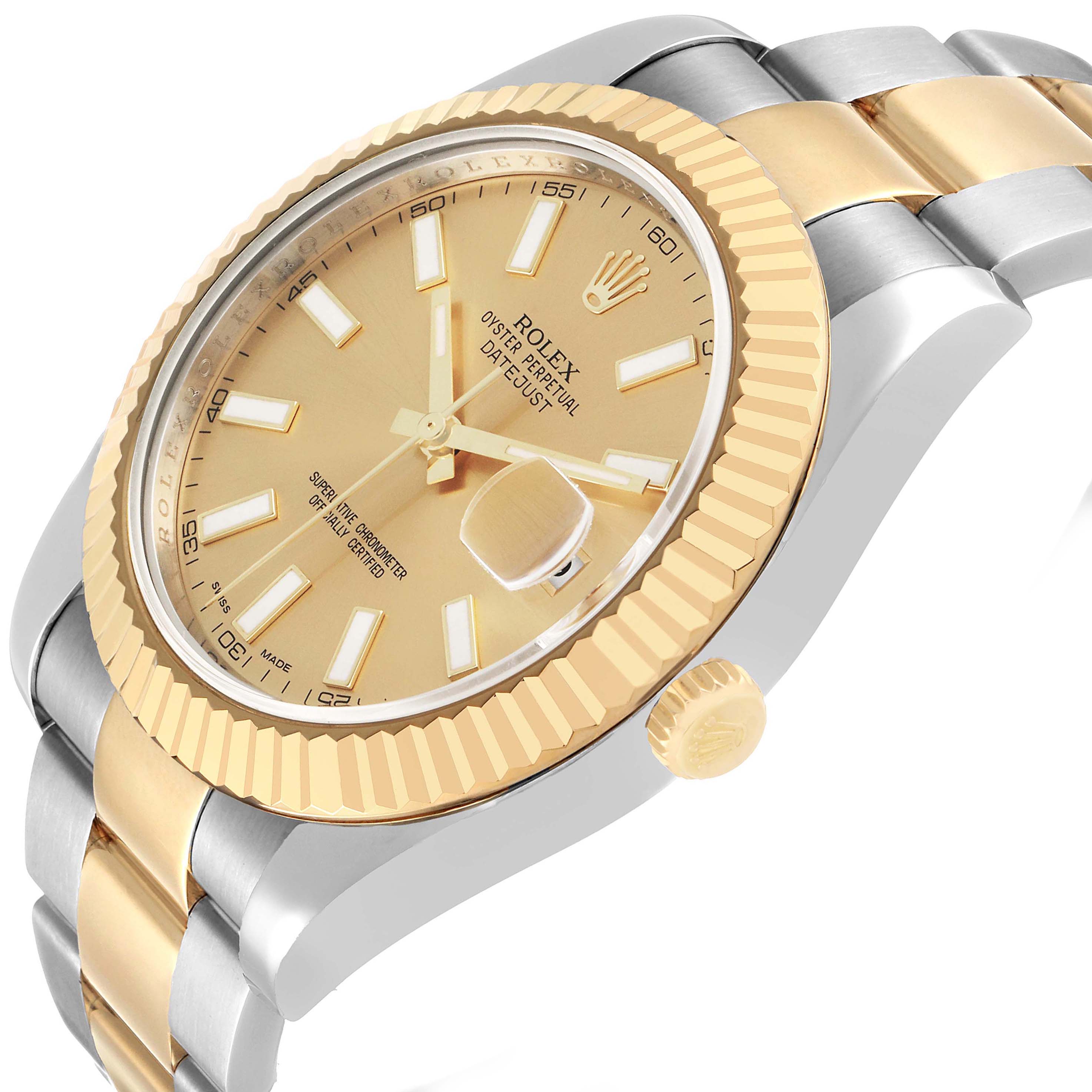 The Rolex Datejust 41 116333 Men's Stainless Steel Champagne Dial watch is shown at an angle showcasing its gold dial, fluted bezel, two-tone bracelet, and crown.