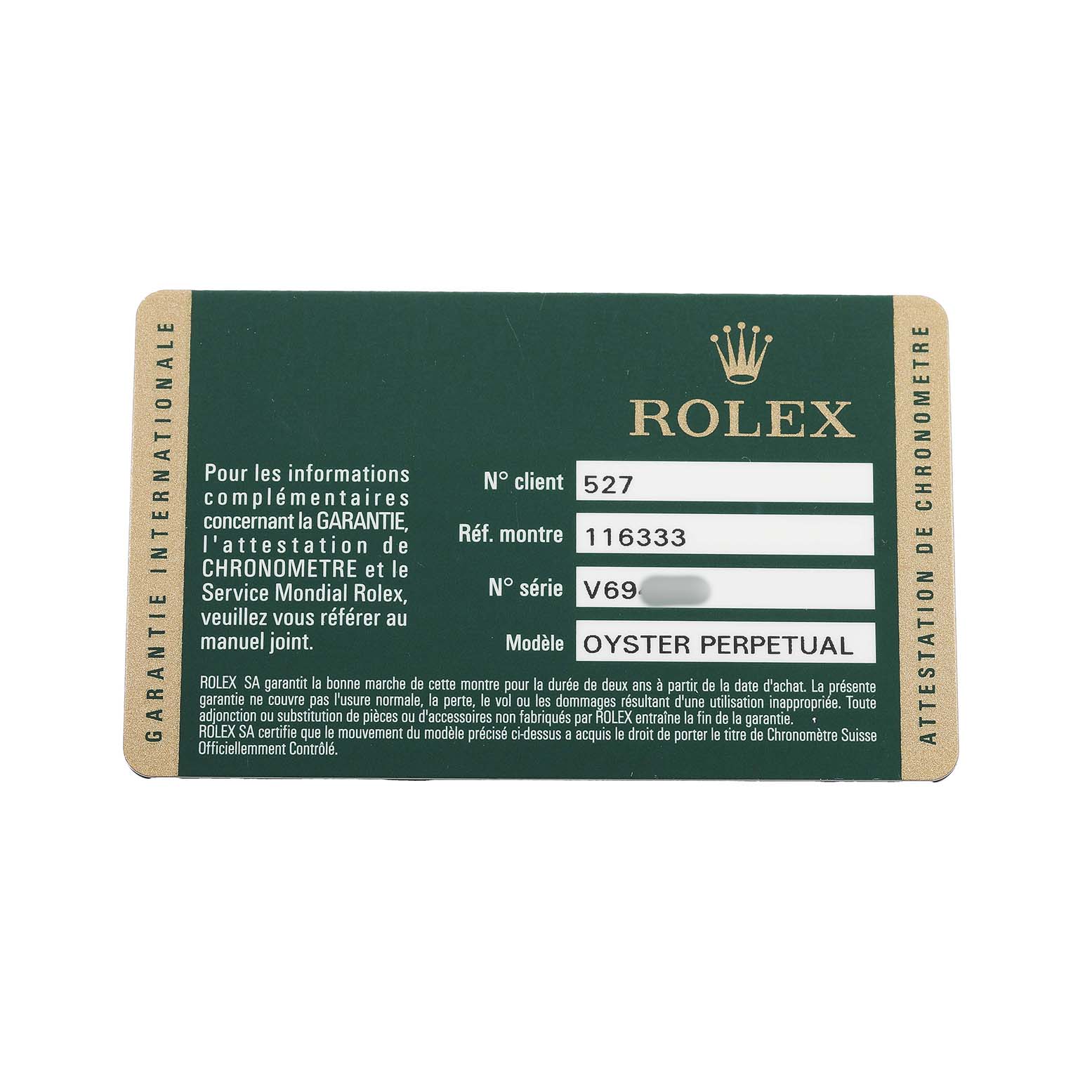 The image shows a warranty card for a Rolex Datejust 41 116333 Men's Stainless Steel Champagne Dial, displaying the model and reference numbers.