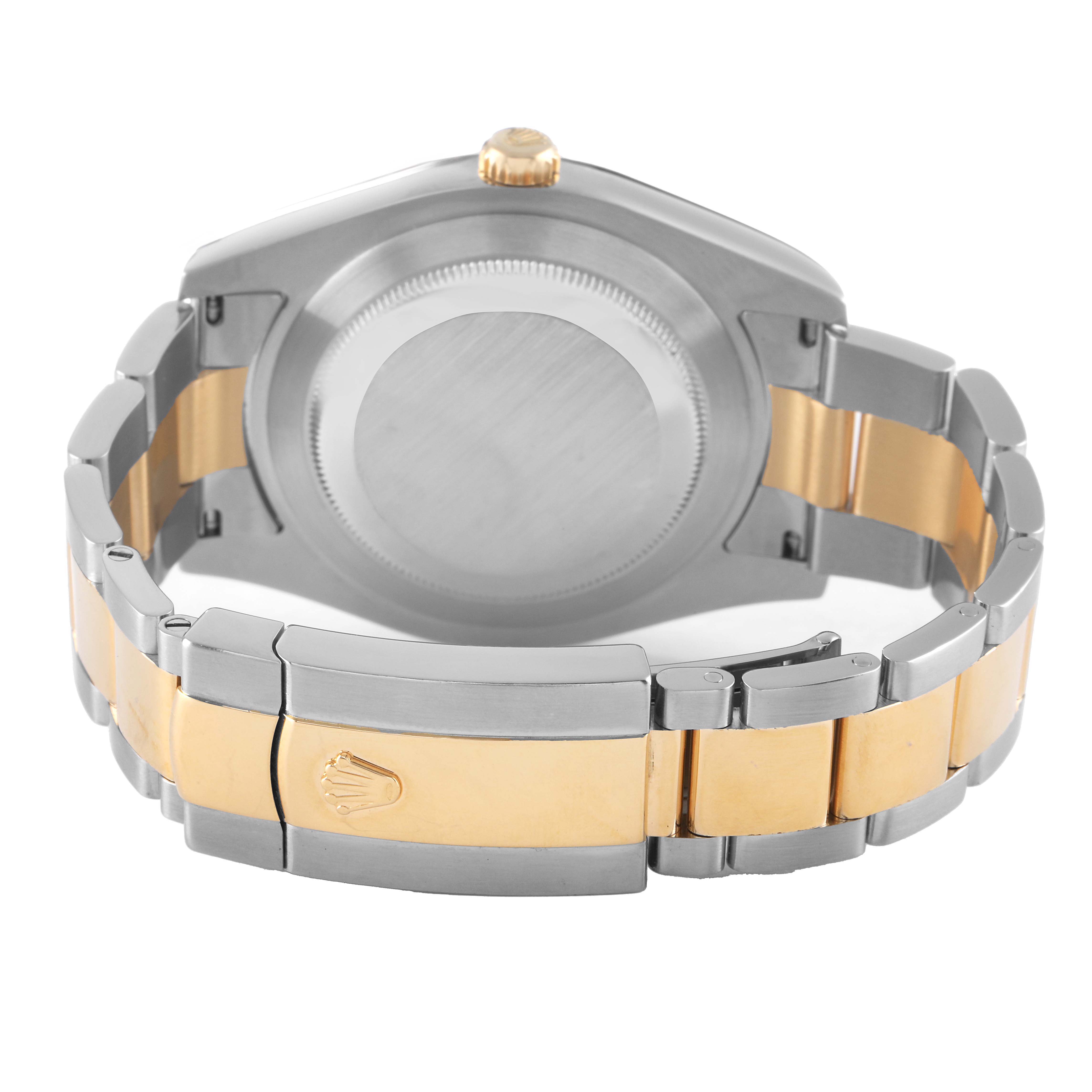 The image shows the back view of a Rolex Datejust 41 116333 Men's Stainless Steel Champagne Dial, highlighting the bracelet and clasp.