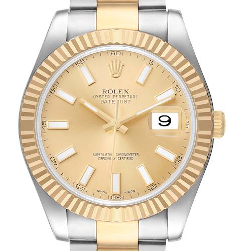 The Rolex Datejust 41 116333 Men's Stainless Steel Champagne Dial is shown from the front, displaying the dial, hands, date window, bezel, and part of the bracelet.