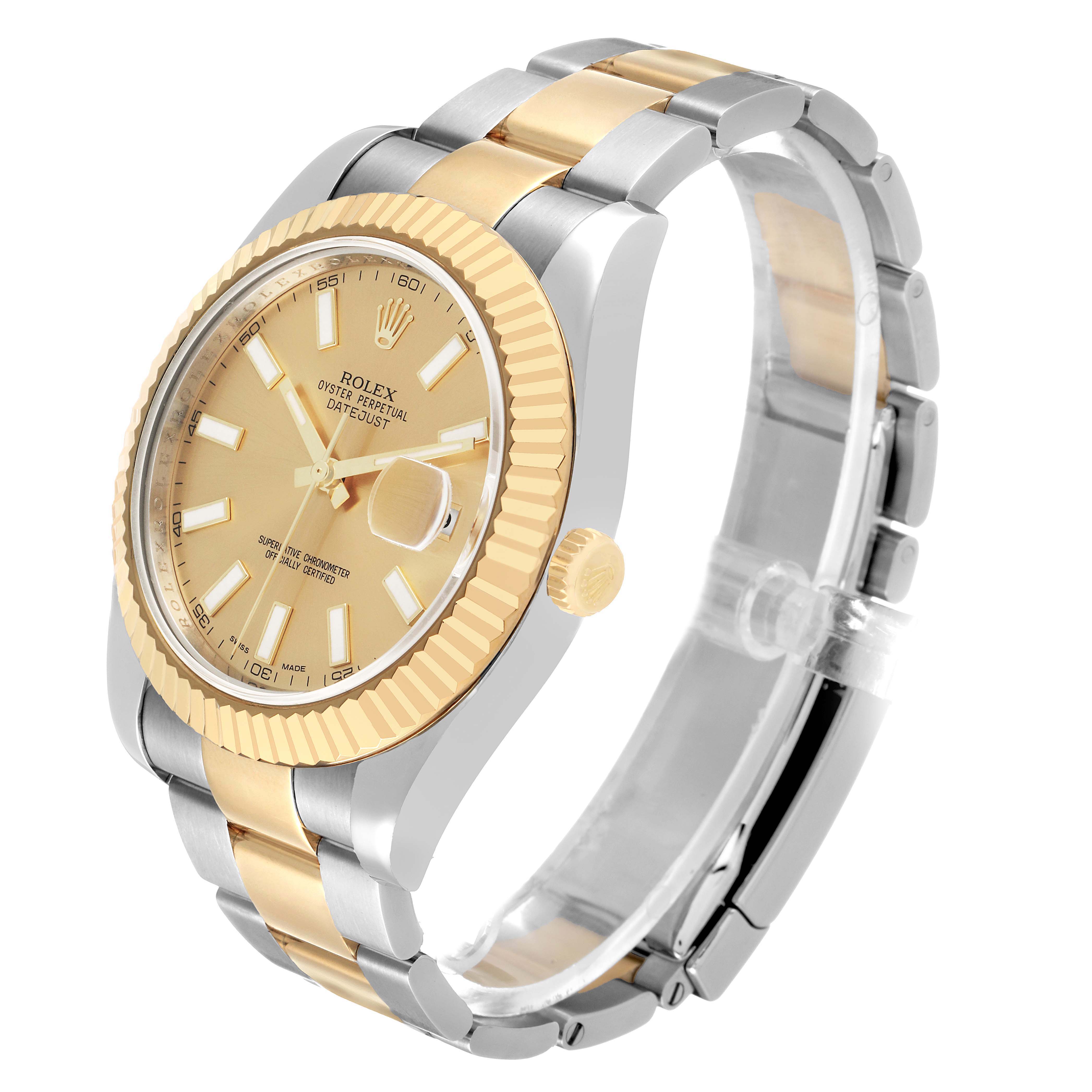 The Rolex Datejust 41 116333 Men's Stainless Steel Champagne Dial is shown from a 3/4 angle, highlighting the gold bezel, dial, and two-tone bracelet.