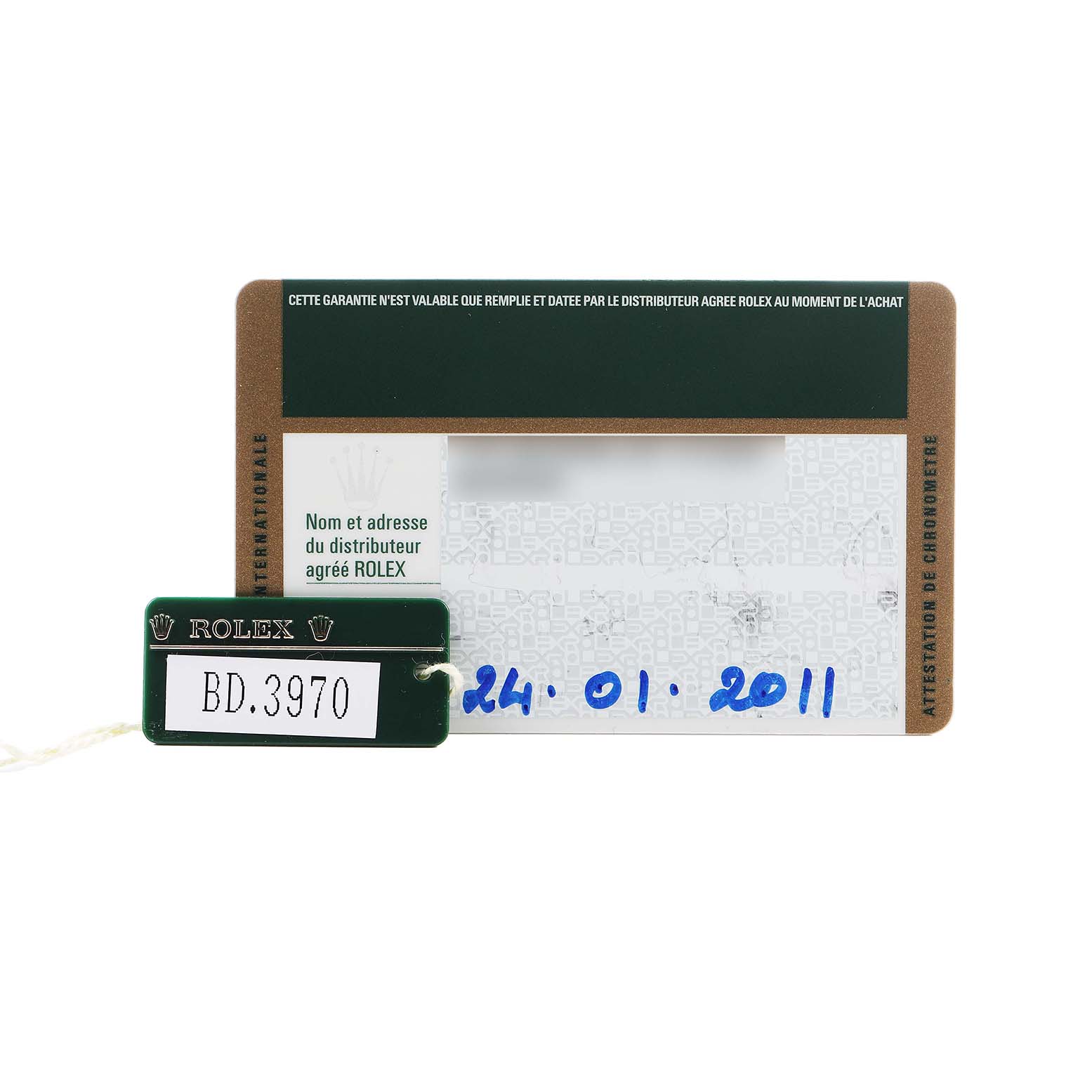 The image shows a warranty card and a tag for the Rolex Datejust 41 116333 Men's Stainless Steel Champagne Dial watch.