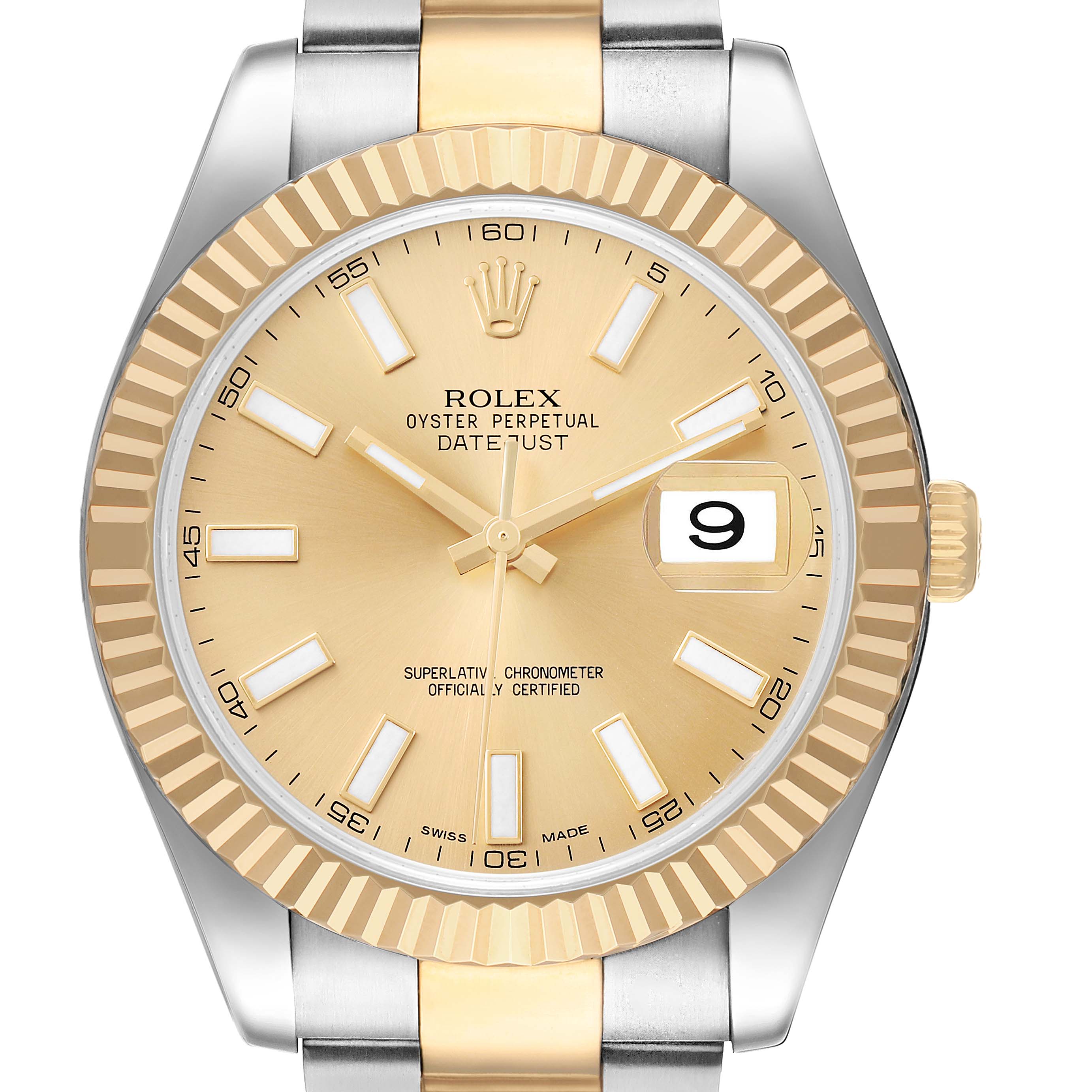The Rolex Datejust 41 116333 Men's Stainless Steel Champagne Dial watch is shown from a front angle, displaying the face, fluted bezel, and two-tone bracelet.