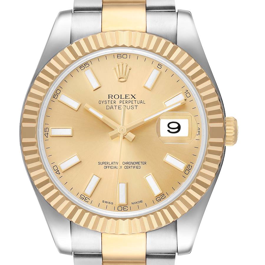 The Rolex Datejust 41 116333 Men's Stainless Steel Champagne Dial watch is shown from a front angle, displaying the face, fluted bezel, and two-tone bracelet.