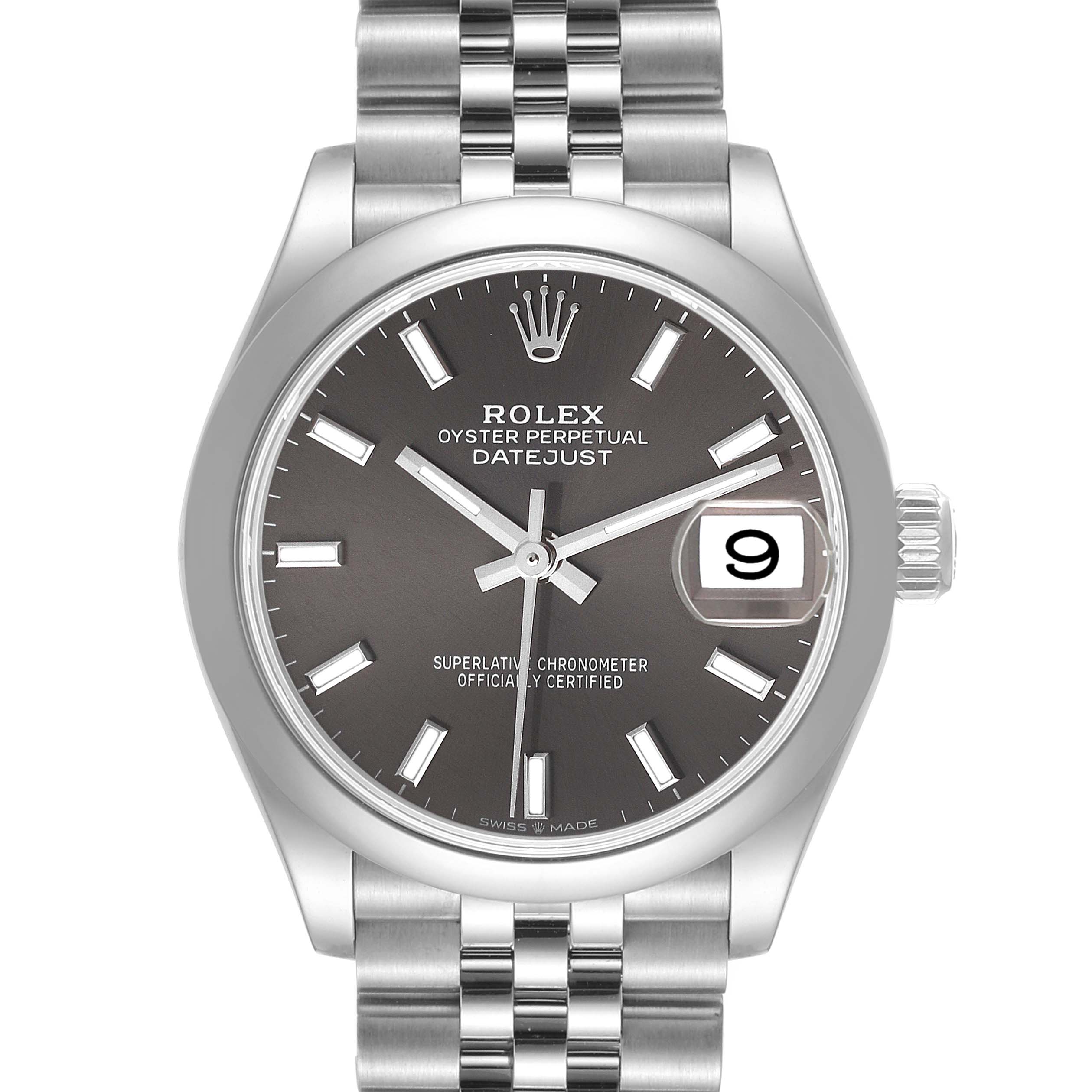 This image shows a front view of a Rolex Mid-Size 278240 Women's Stainless Steel Grey Dial 278240 Women's Stainless Steel Grey Dial Datejust watch, featuring its dial, date display, and bracelet.