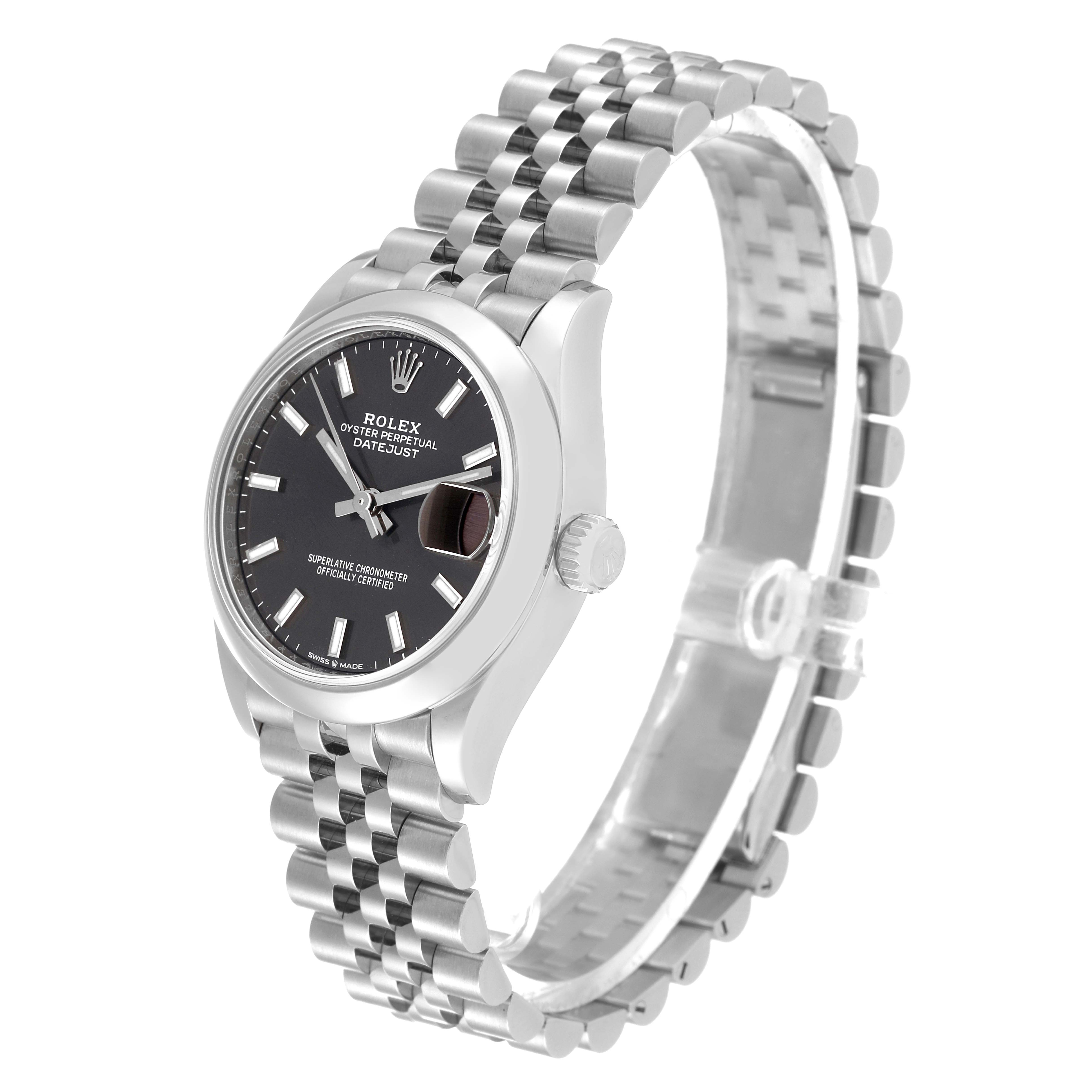 The angled view shows the face, crown, and jubilee bracelet of the Rolex Mid-Size 278240 Women's Stainless Steel Grey Dial 278240 Women's Stainless Steel Grey Dial Oyster Perpetual Datejust watch.