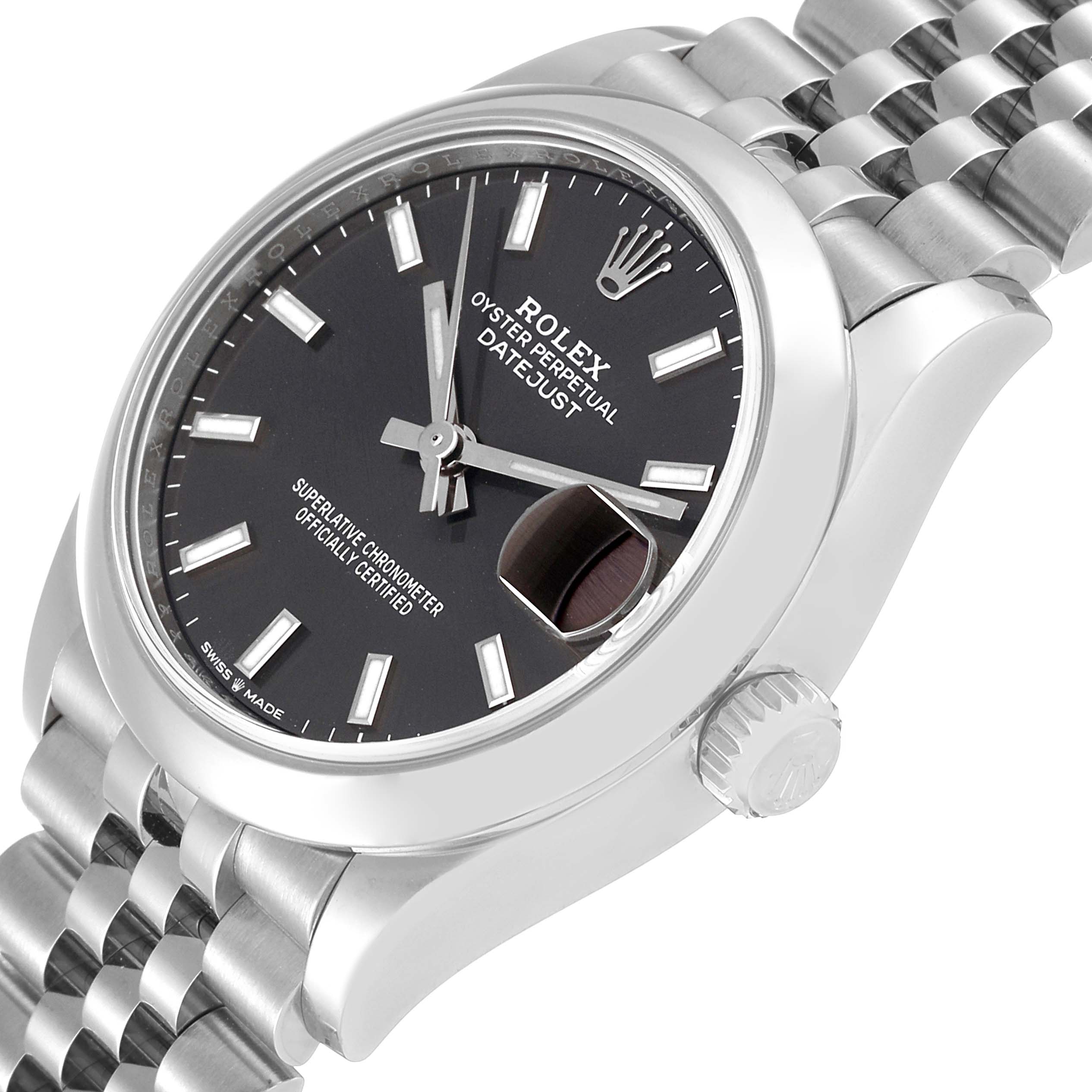 This image shows a Rolex Mid-Size 278240 Women's Stainless Steel Grey Dial 278240 Women's Stainless Steel Grey Dial Oyster Perpetual Datejust watch from an angled side view, highlighting the face, bezel, and part of the bracelet.