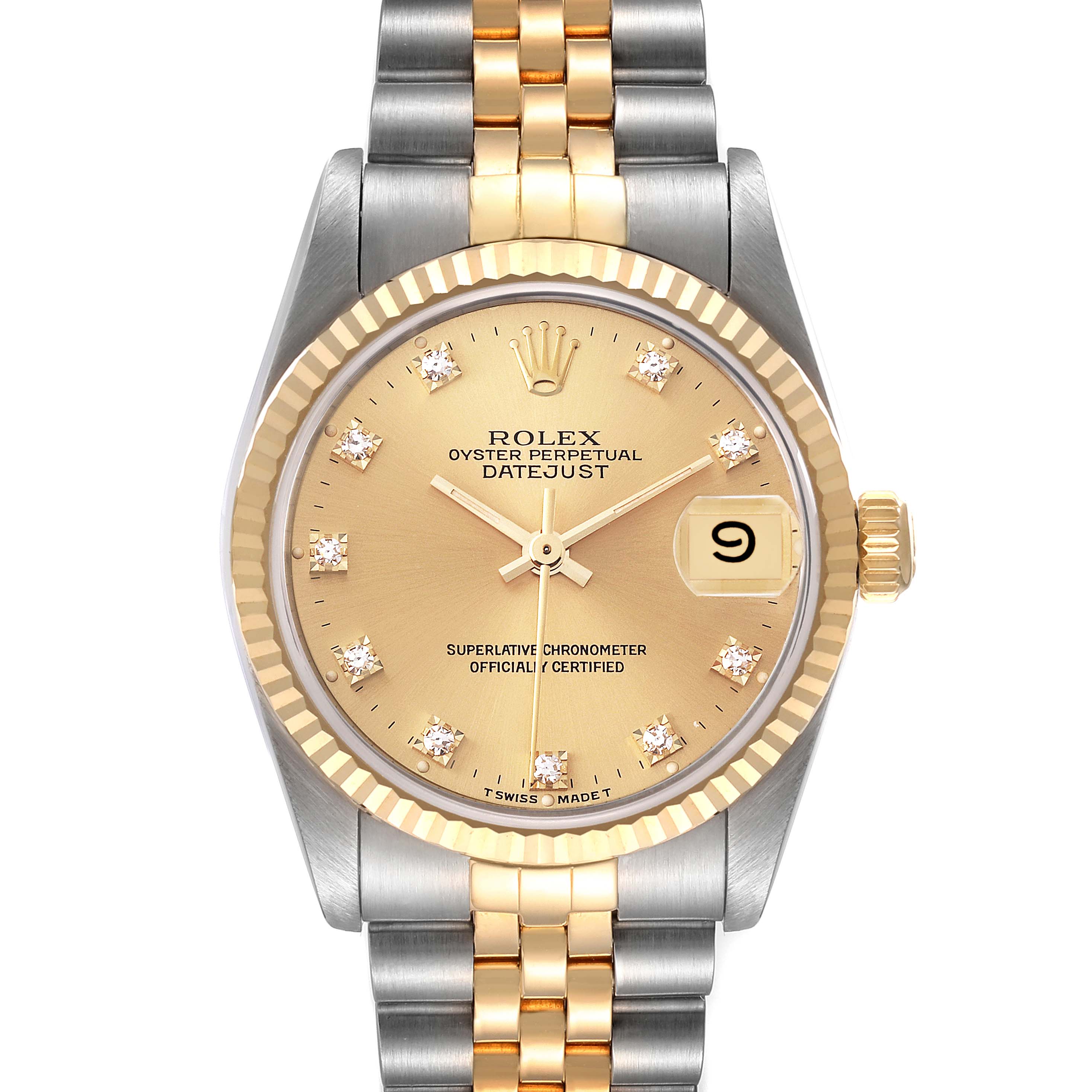 This image shows a front view of a Rolex Datejust Mid-Size watch with a two-tone bracelet and diamond hour markers.