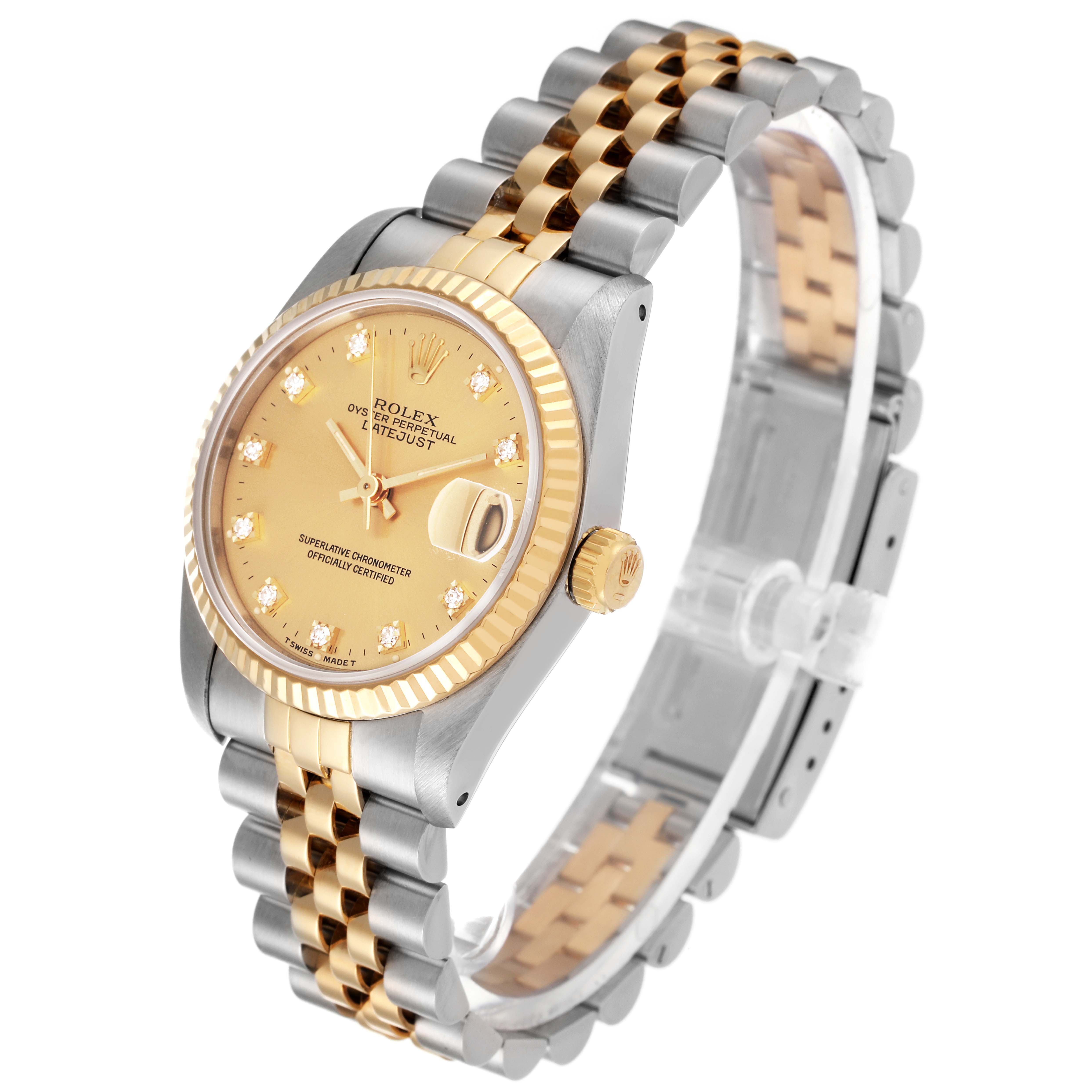 The Rolex Mid-Size 68273 Women
s Steel and Gold (two tone) Champagne Dial 68273 Women
s Steel and Gold (two tone) Champagne Dial model watch is shown at an angle, highlighting the gold and silver band, dial, bezel, and date magnifier.