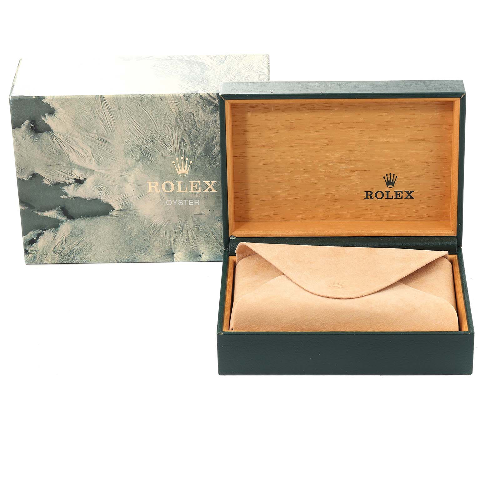 The image shows a Rolex Mid-Size 68273 Women
s Steel and Gold (two tone) Champagne Dial 68273 Women
s Steel and Gold (two tone) Champagne Dial model watch box and carrying case at an angle, with the open box revealing the interior compartment.