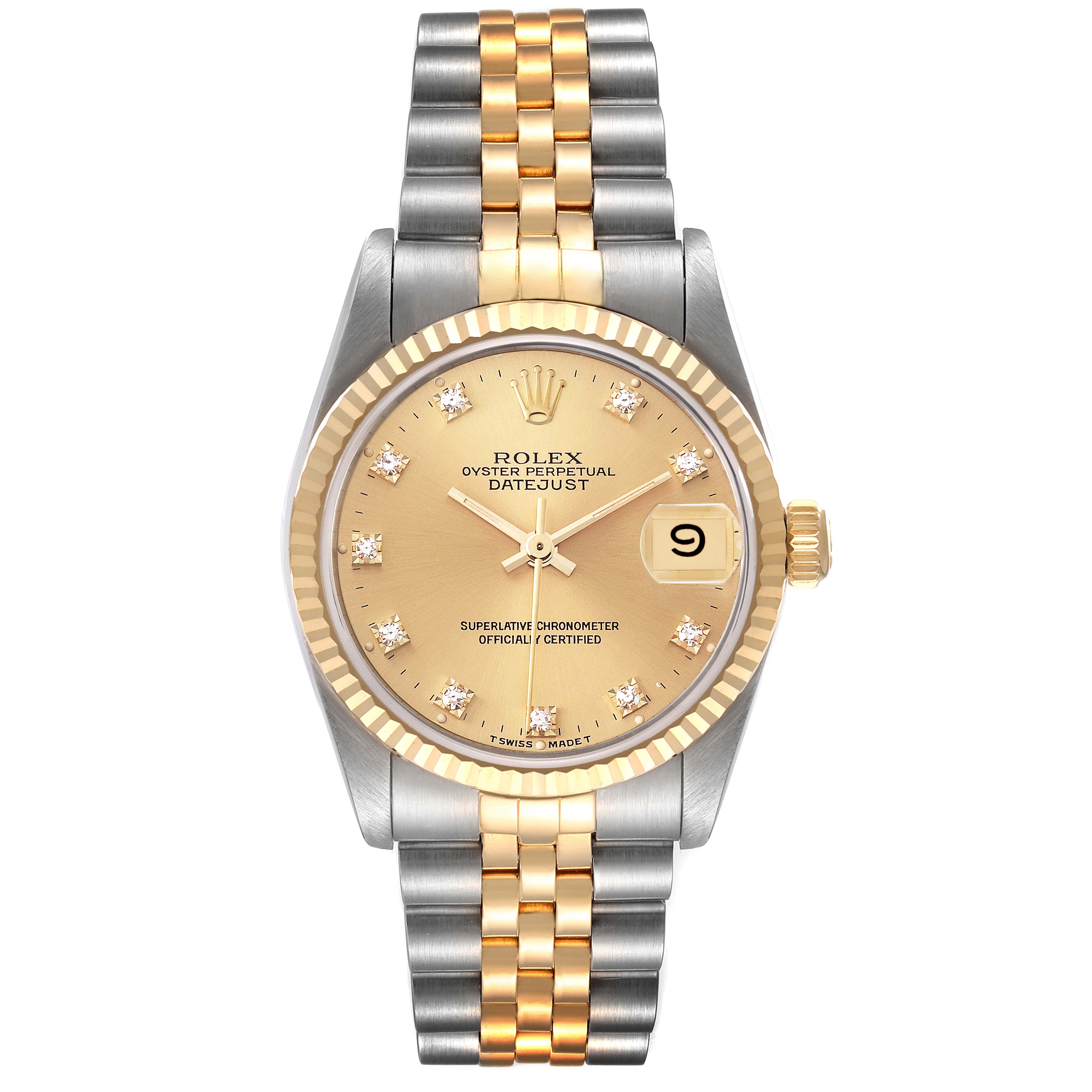 The image shows a Rolex Datejust Mid-Size watch from a top-down angle, featuring a two-tone bracelet and date display.