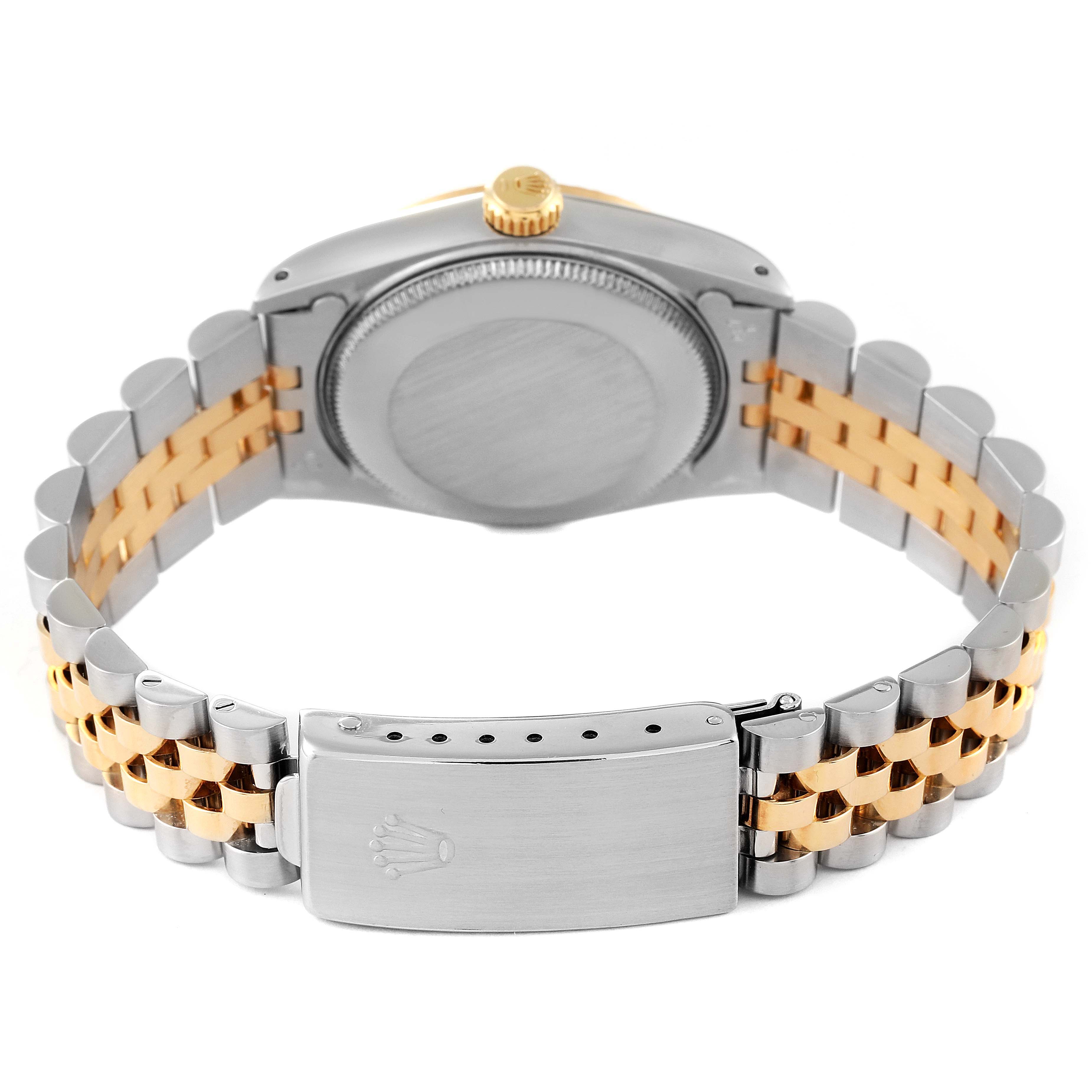 The image displays the back case and bracelet of a Rolex Mid-Size 68273 Women
s Steel and Gold (two tone) Champagne Dial 68273 Women
s Steel and Gold (two tone) Champagne Dial watch, highlighting its bi-color metal strap and clasp.