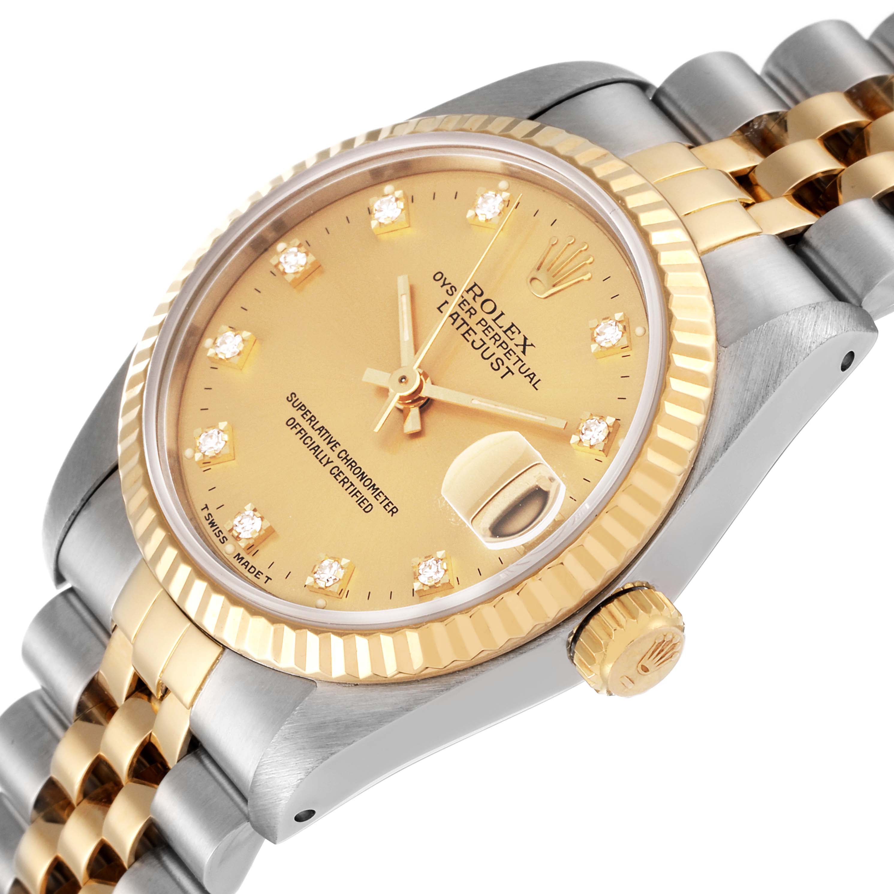 The image shows a Rolex Mid-Size 68273 Women
s Steel and Gold (two tone) Champagne Dial 68273 Women
s Steel and Gold (two tone) Champagne Dial model watch at an angled view, featuring its gold bezel, gold dial, and two-tone bracelet.