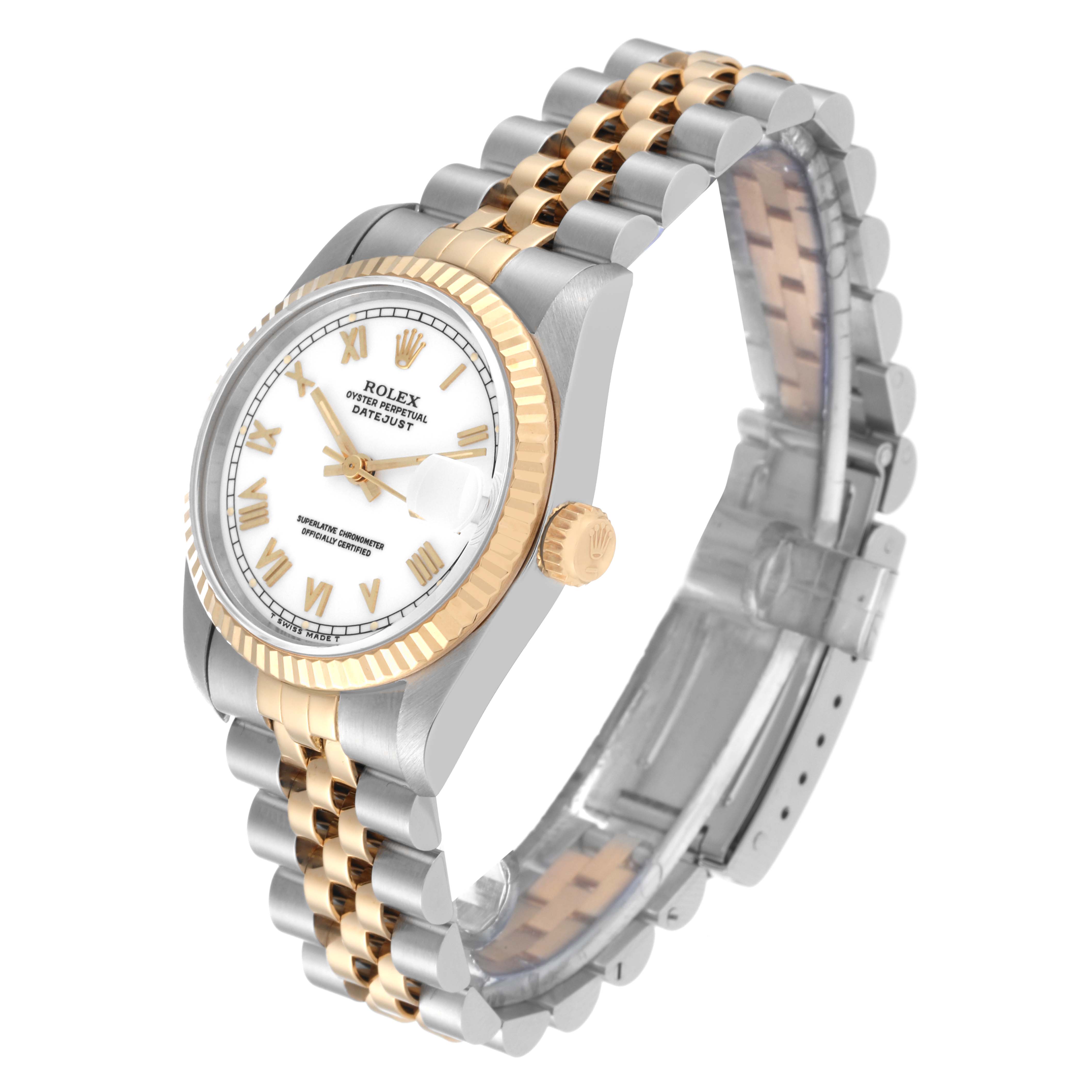 The image shows a three-quarter angle of a Rolex Mid-Size 68273 Women
s Steel and Gold (two tone) White Dial 68273 Women
s Steel and Gold (two tone) White Dial Datejust watch, highlighting the bezel, crown, and two-tone bracelet.