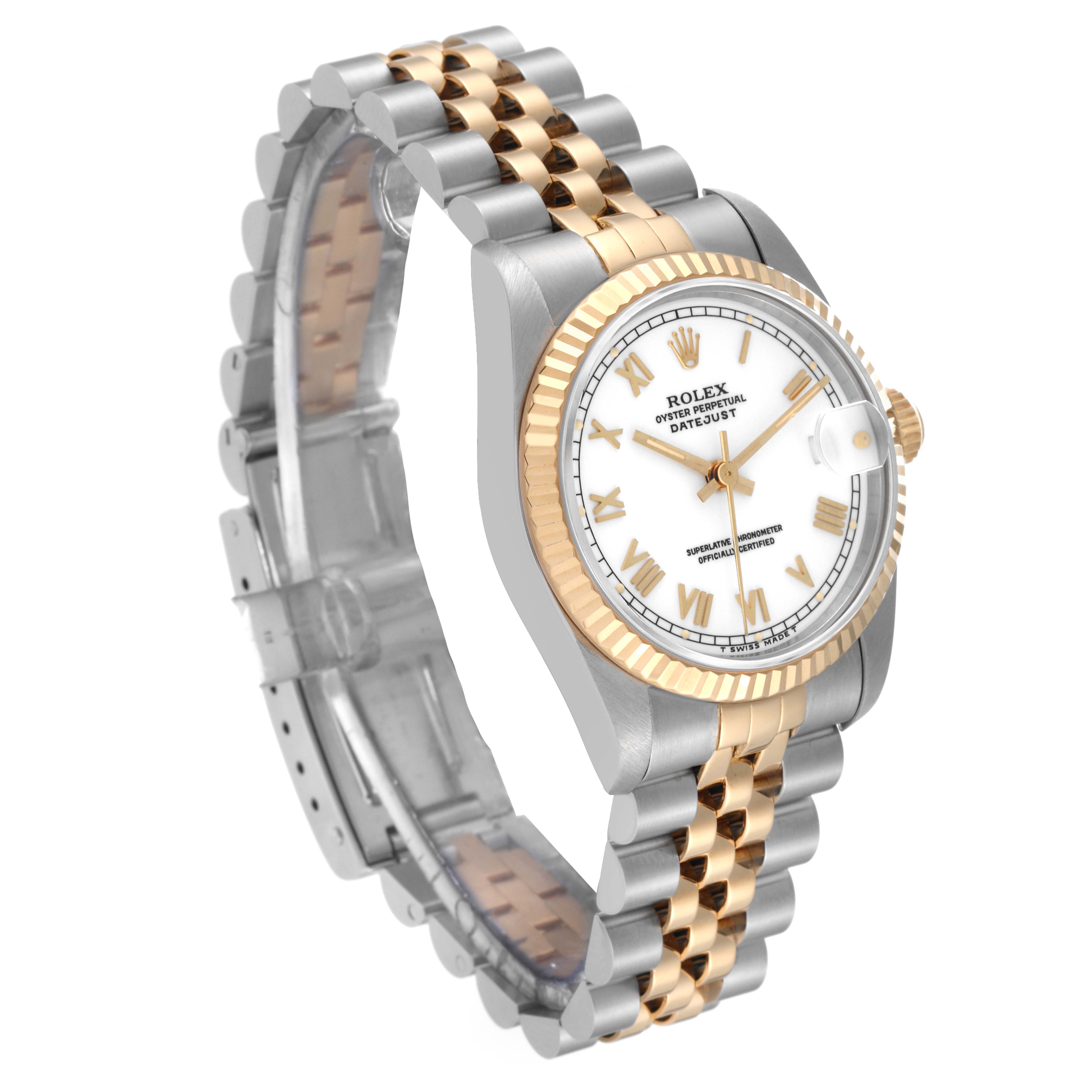 The image shows a side-angle view of a Rolex Datejust Mid-Size watch with a two-tone bracelet and fluted bezel.