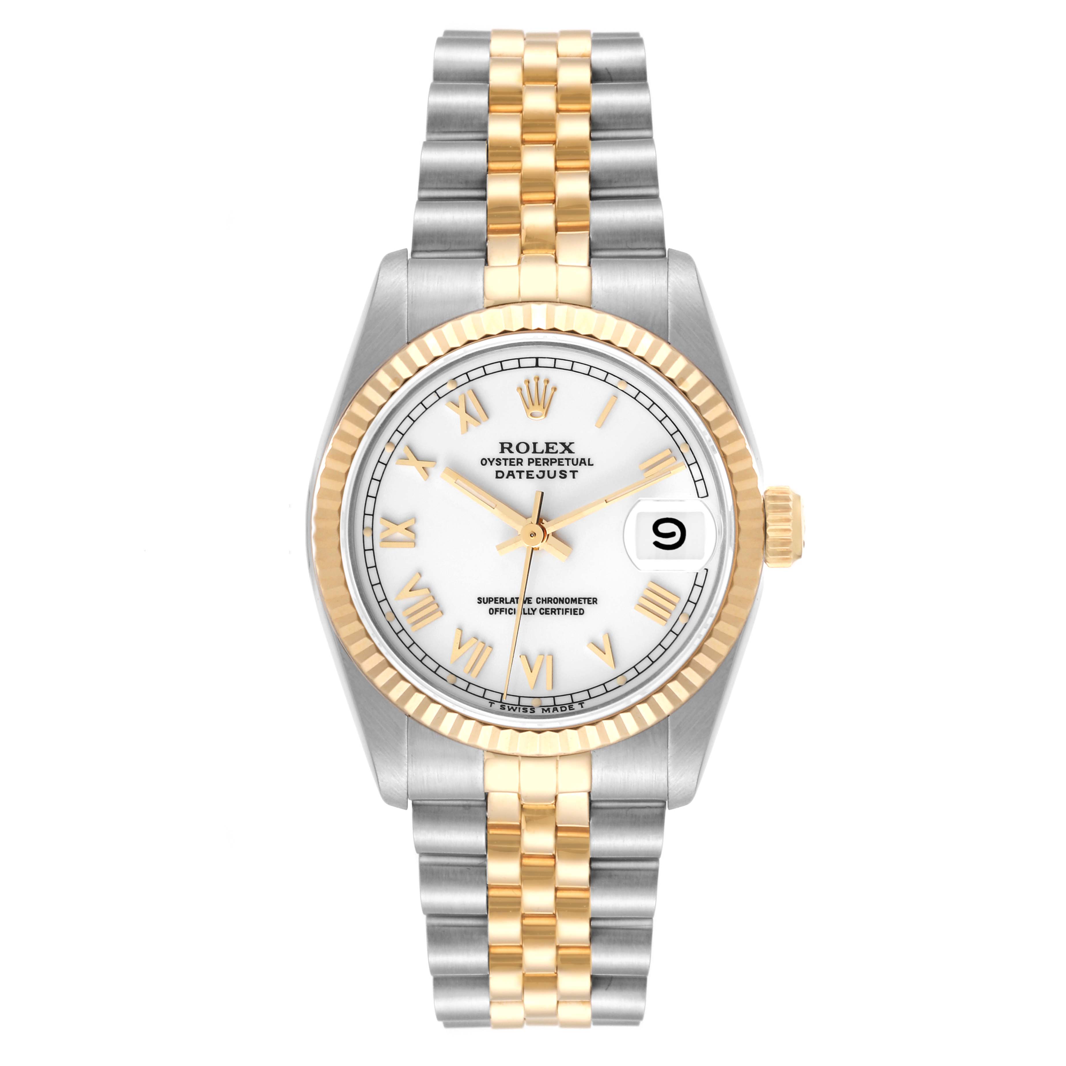 This Rolex Mid-Size 68273 Women
s Steel and Gold (two tone) White Dial 68273 Women
s Steel and Gold (two tone) White Dial Datejust watch is shown from the front, displaying the bezel, dial, hands, date window, and bracelet.