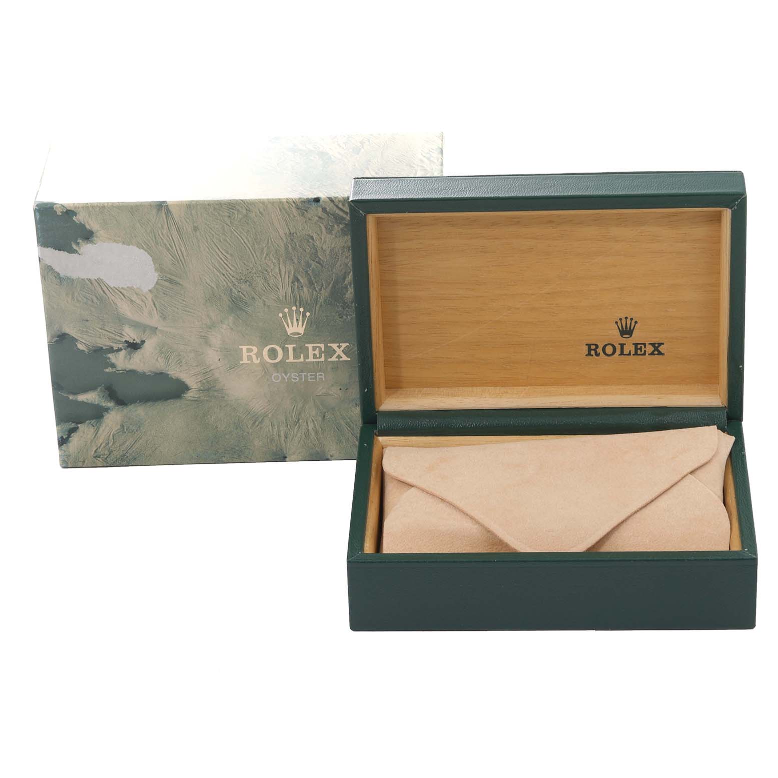 The image shows an open Rolex Mid-Size 68273 Women
s Steel and Gold (two tone) White Dial 68273 Women
s Steel and Gold (two tone) White Dial watch box with the outer camouflage-patterned box in the background.