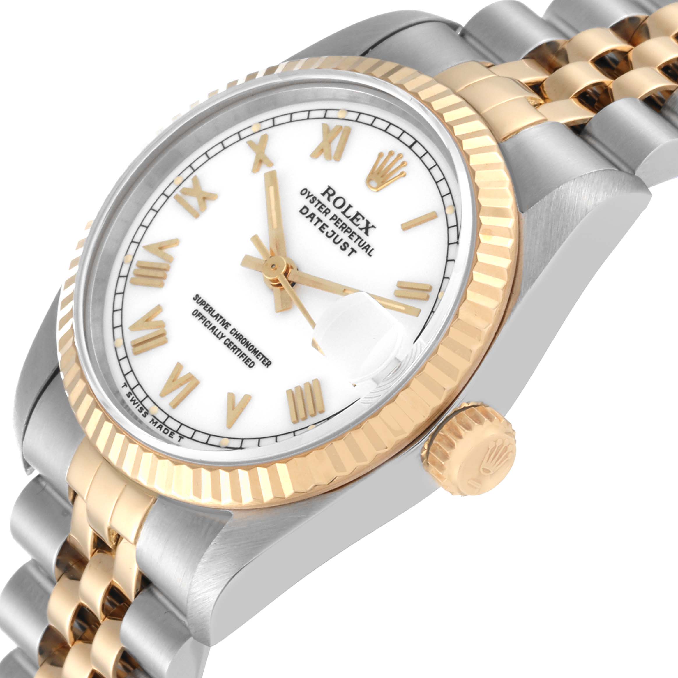 The image shows a close-up angled view of a Rolex Datejust Mid-Size watch, highlighting the dial, bezel, and part of the bracelet.