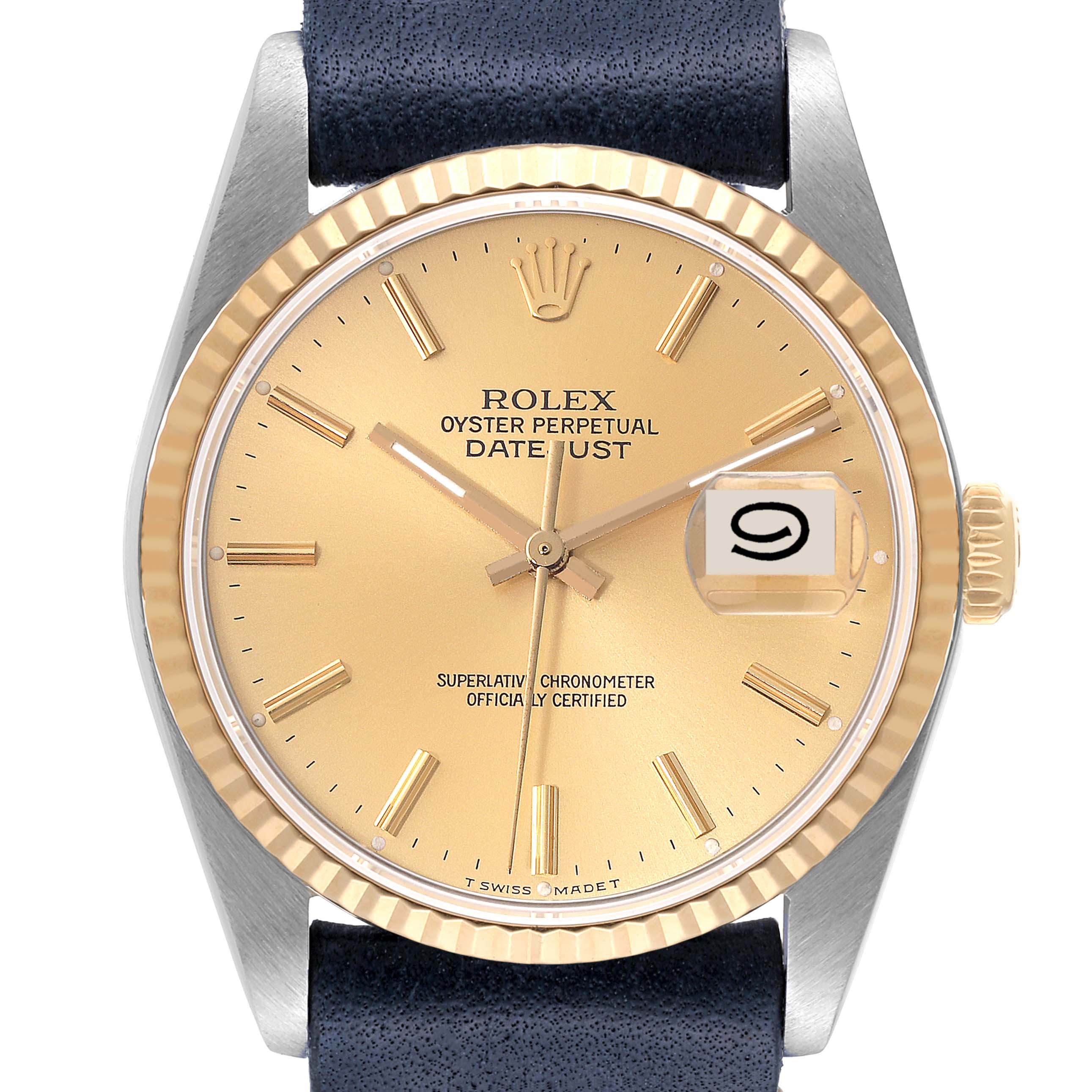 The image shows a frontal view of a Rolex Datejust 16233 Men's Steel and Gold (two tone) Champagne Dial 16233 Men's Steel and Gold (two tone) Champagne Dial watch, highlighting its face, bezel, crown, and strap.