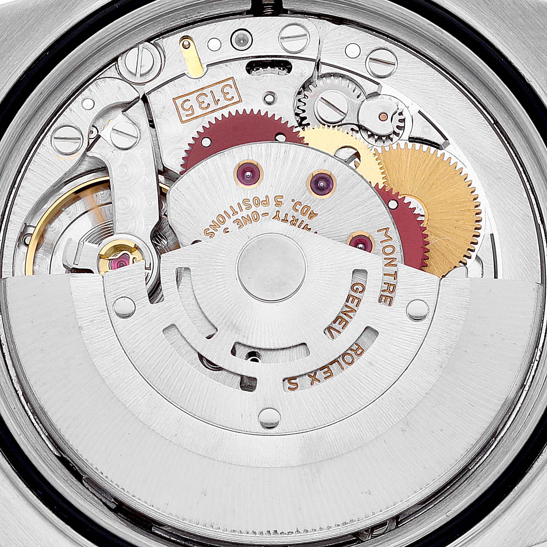 The image shows the internal mechanical movement of a Rolex Datejust 16233 Men's Steel and Gold (two tone) Champagne Dial 16233 Men's Steel and Gold (two tone) Champagne Dial watch, including gears and the rotor.