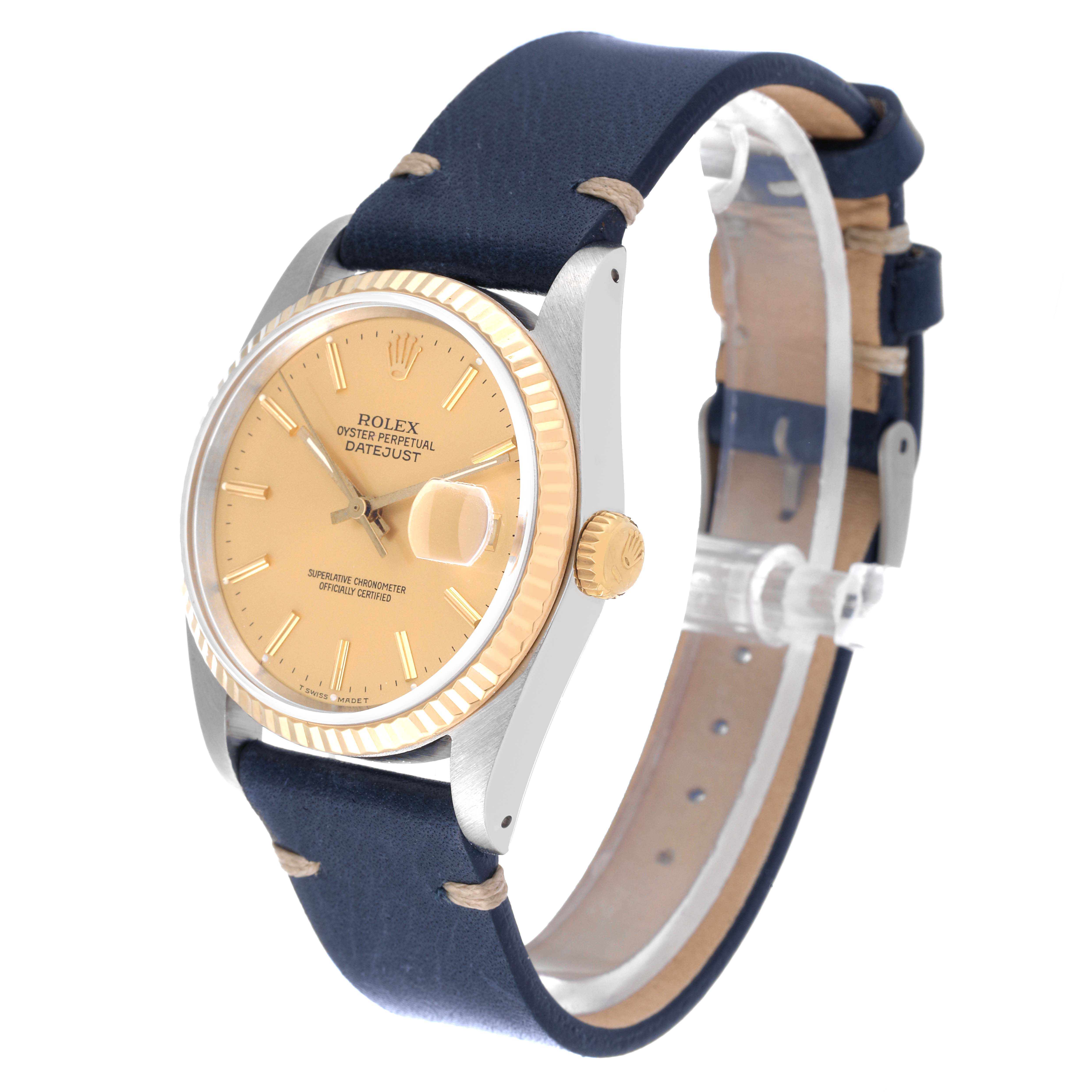 The image shows a Rolex Datejust 16233 Men's Steel and Gold (two tone) Champagne Dial 16233 Men's Steel and Gold (two tone) Champagne Dial watch from an angle highlighting the face, bezel, crown, and strap.