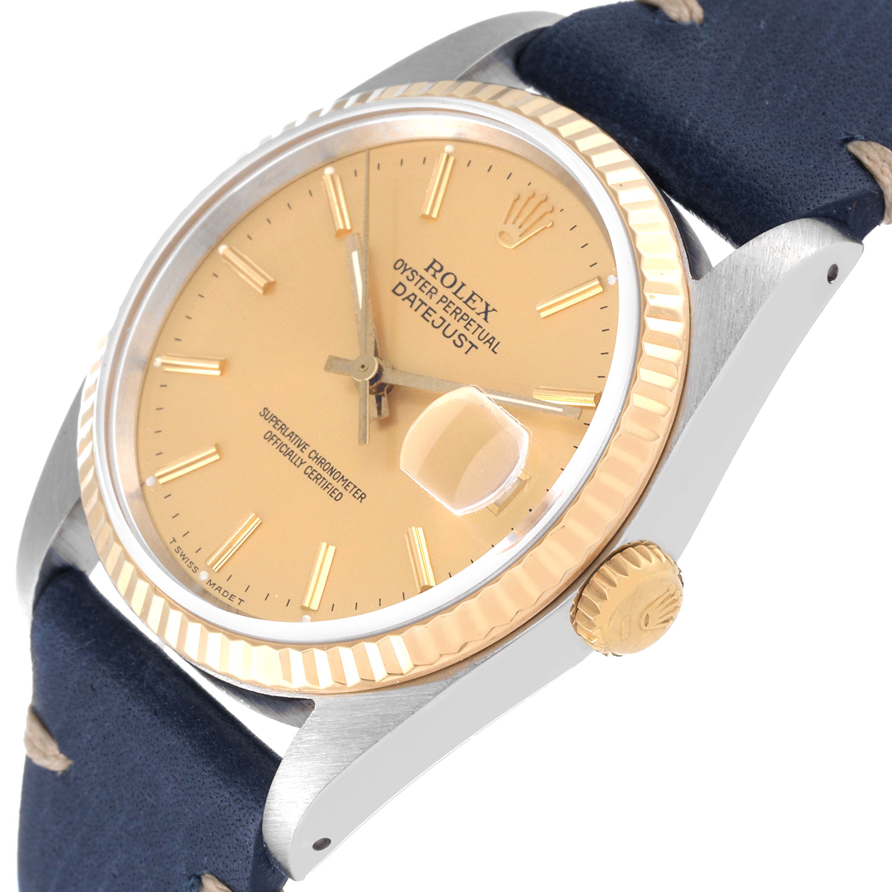 This image shows a Rolex Datejust 16233 Men's Steel and Gold (two tone) Champagne Dial 16233 Men's Steel and Gold (two tone) Champagne Dial watch from an angled side view, highlighting its dial, bezel, crown, and part of the strap.