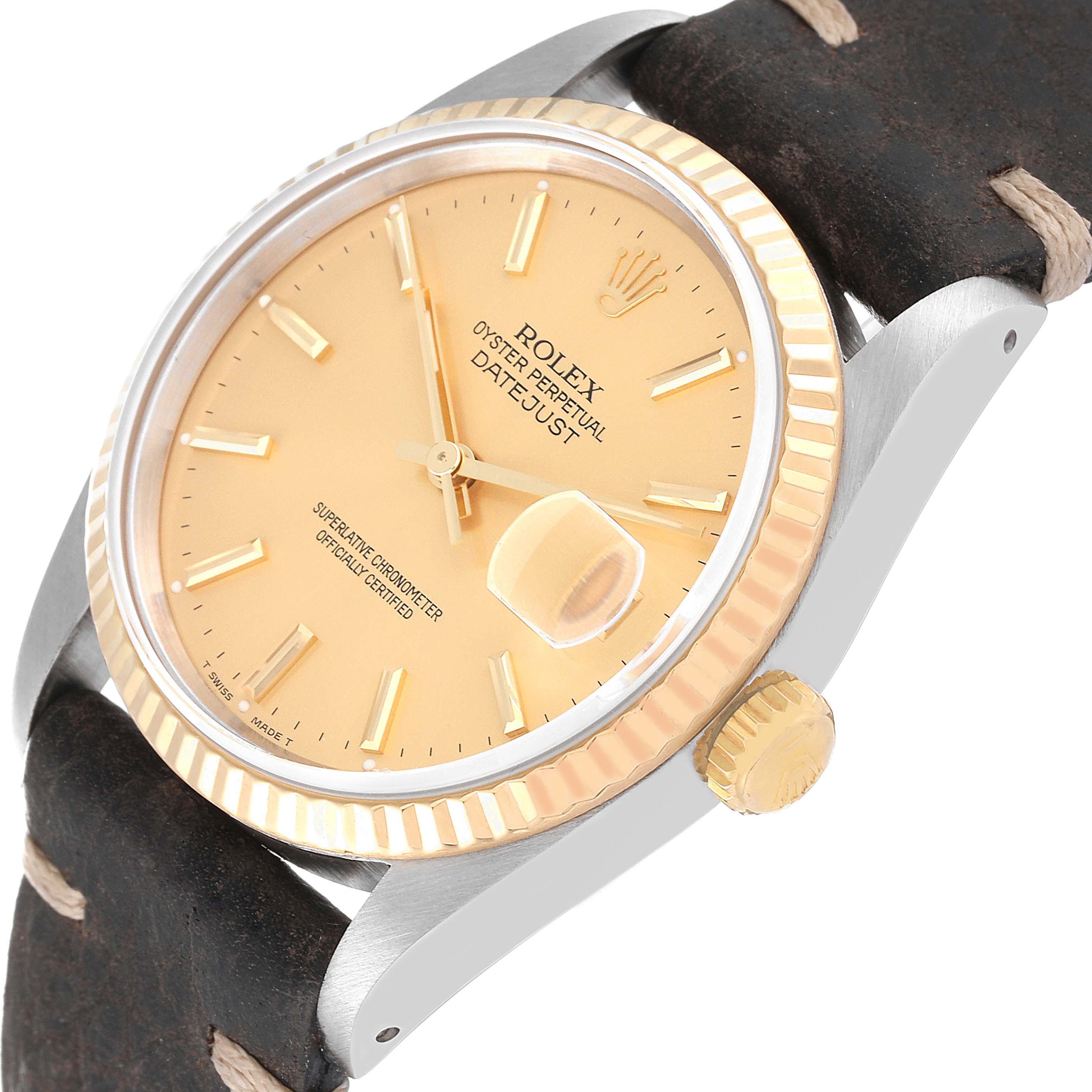 The image shows a Rolex Datejust 16233 Men's Steel and Gold (two tone) Champagne Dial 16233 Men's Steel and Gold (two tone) Champagne Dial watch at an angle, highlighting the dial, bezel, crown, and leather strap.