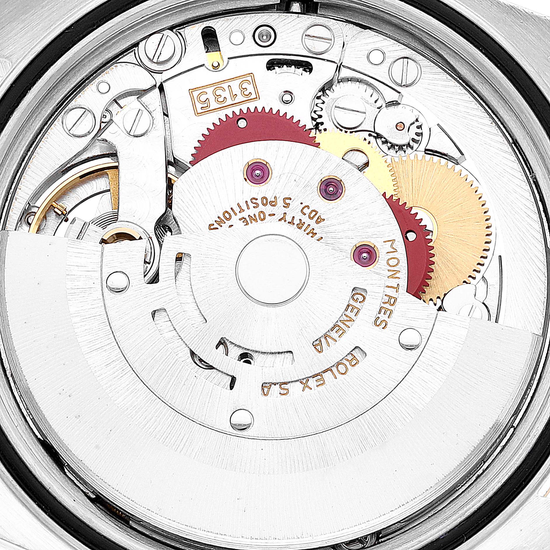 This image shows a close-up of the movement mechanism inside a Rolex Datejust 16233 Men's Steel and Gold (two tone) Champagne Dial 16233 Men's Steel and Gold (two tone) Champagne Dial watch.
