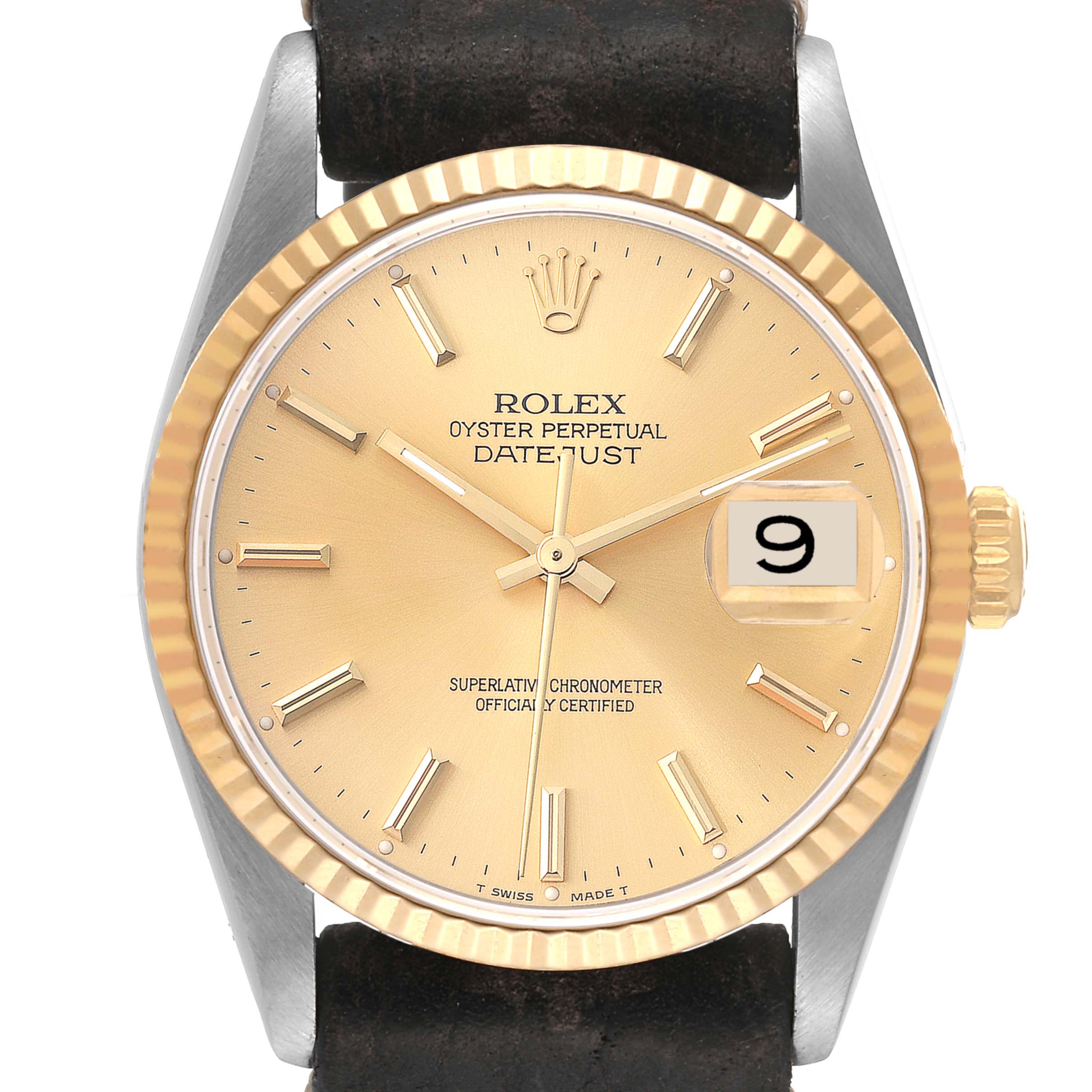 This image shows a frontal view of a Rolex Datejust 16233 Men's Steel and Gold (two tone) Champagne Dial 16233 Men's Steel and Gold (two tone) Champagne Dial watch, highlighting the dial, bezel, and part of the strap.