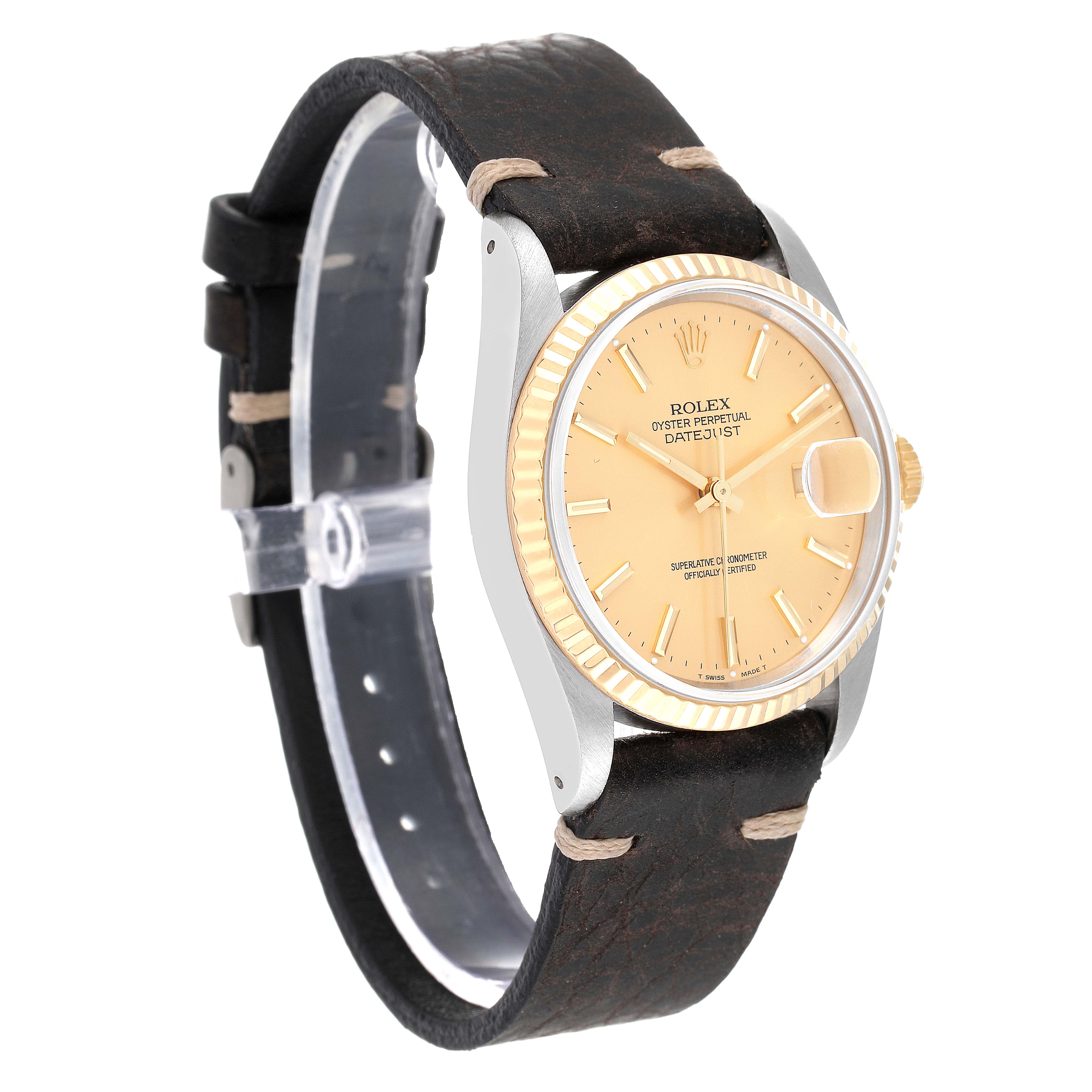 The image shows a Rolex Datejust 16233 Men's Steel and Gold (two tone) Champagne Dial 16233 Men's Steel and Gold (two tone) Champagne Dial watch from a side angle, highlighting its dial, bezel, and leather strap.