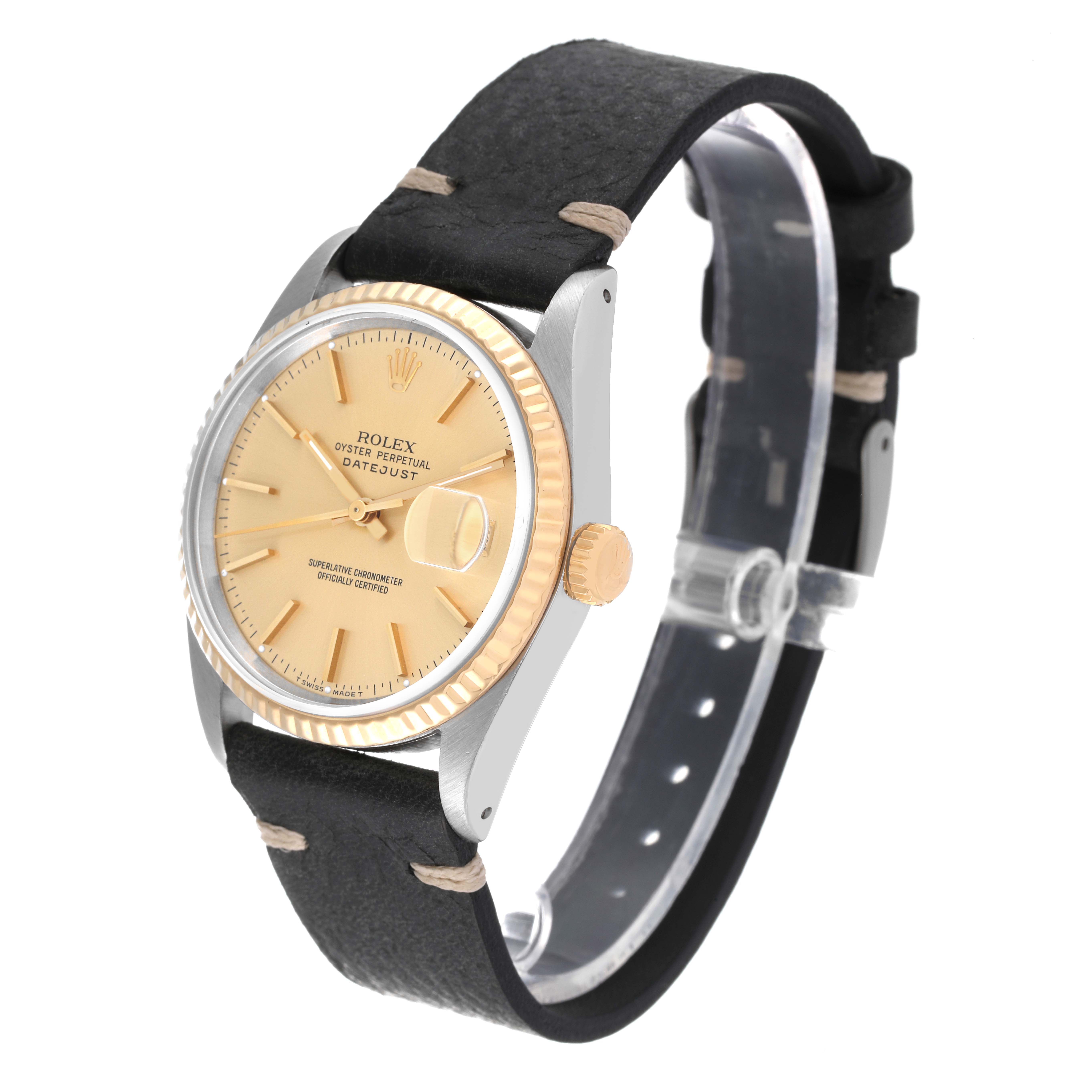 This image shows a Rolex Datejust 16233 Men's Steel and Gold (two tone) Champagne Dial 16233 Men's Steel and Gold (two tone) Champagne Dial watch at a slight angle, highlighting the dial, bezel, crown, and leather strap.