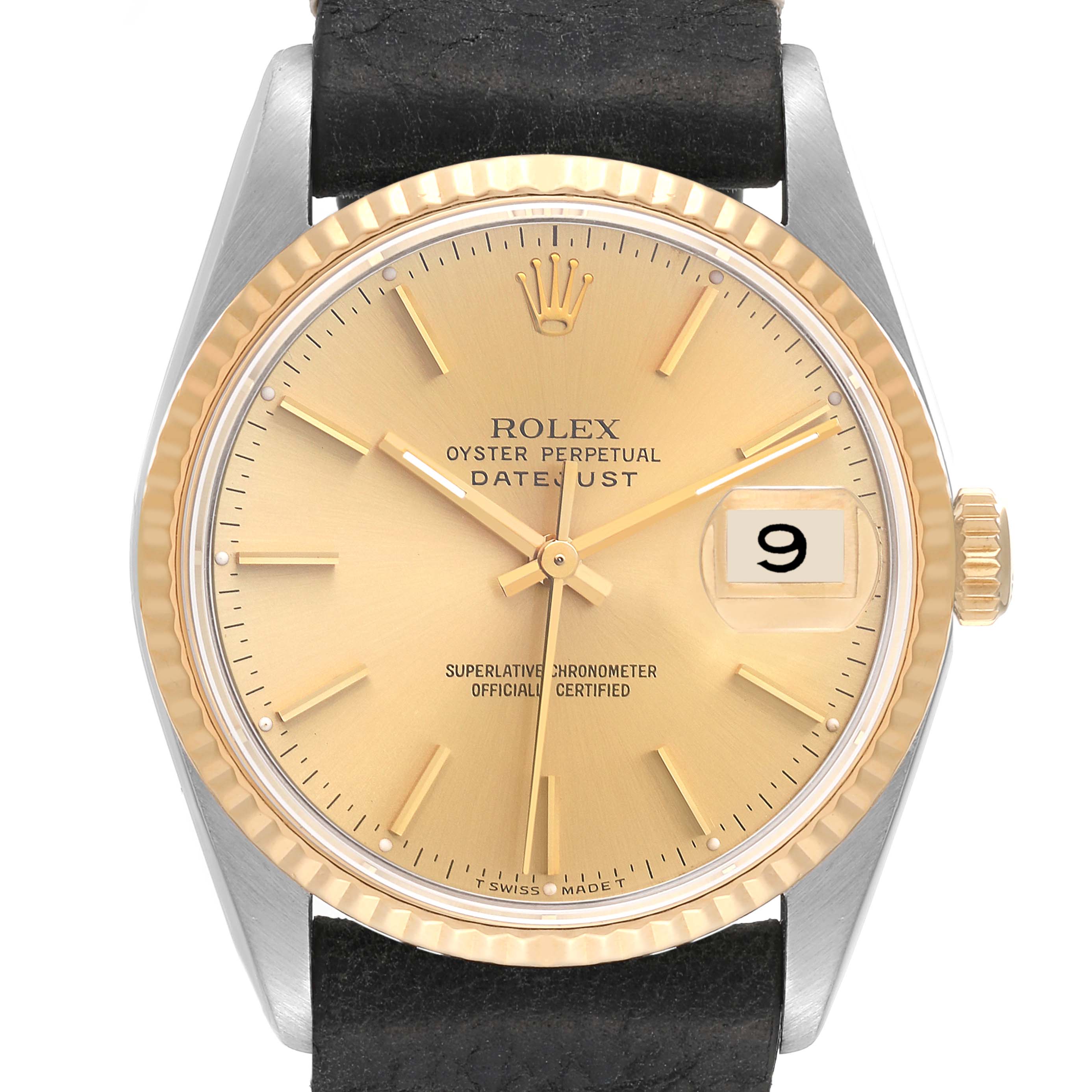 The image shows a front view of a Rolex Datejust 16233 Men's Steel and Gold (two tone) Champagne Dial 16233 Men's Steel and Gold (two tone) Champagne Dial watch with a gold dial, gold fluted bezel, black strap, and a date window at 3 o'clock.