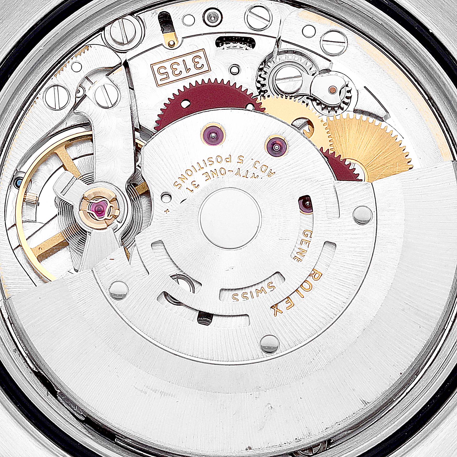This close-up image shows the intricate internal mechanics of a Rolex Datejust 16233 Men's Steel and Gold (two tone) Champagne Dial 16233 Men's Steel and Gold (two tone) Champagne Dial model watch, including gears and movement components.