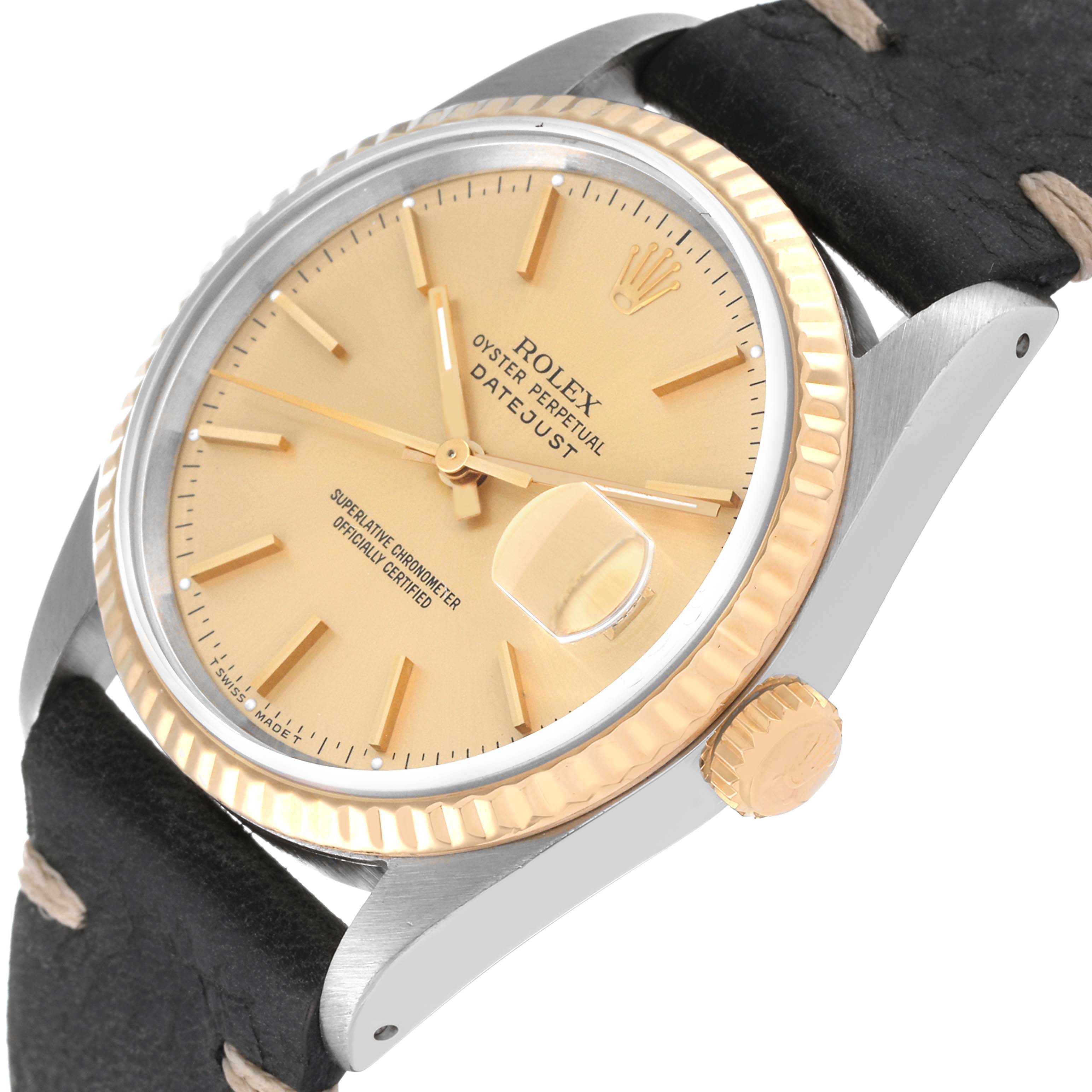 The image shows a side-angle view of the Rolex Datejust 16233 Men's Steel and Gold (two tone) Champagne Dial 16233 Men's Steel and Gold (two tone) Champagne Dial watch, highlighting the dial, crown, and part of the strap.