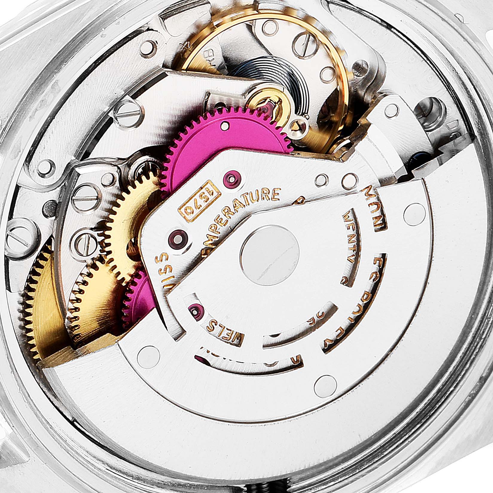 The image shows the intricate inner mechanical movement of the Rolex Vintage Collection 1601 Men's Stainless Steel Silver Dial 1601 Men's Stainless Steel Silver Dial watch from a close-up angle.