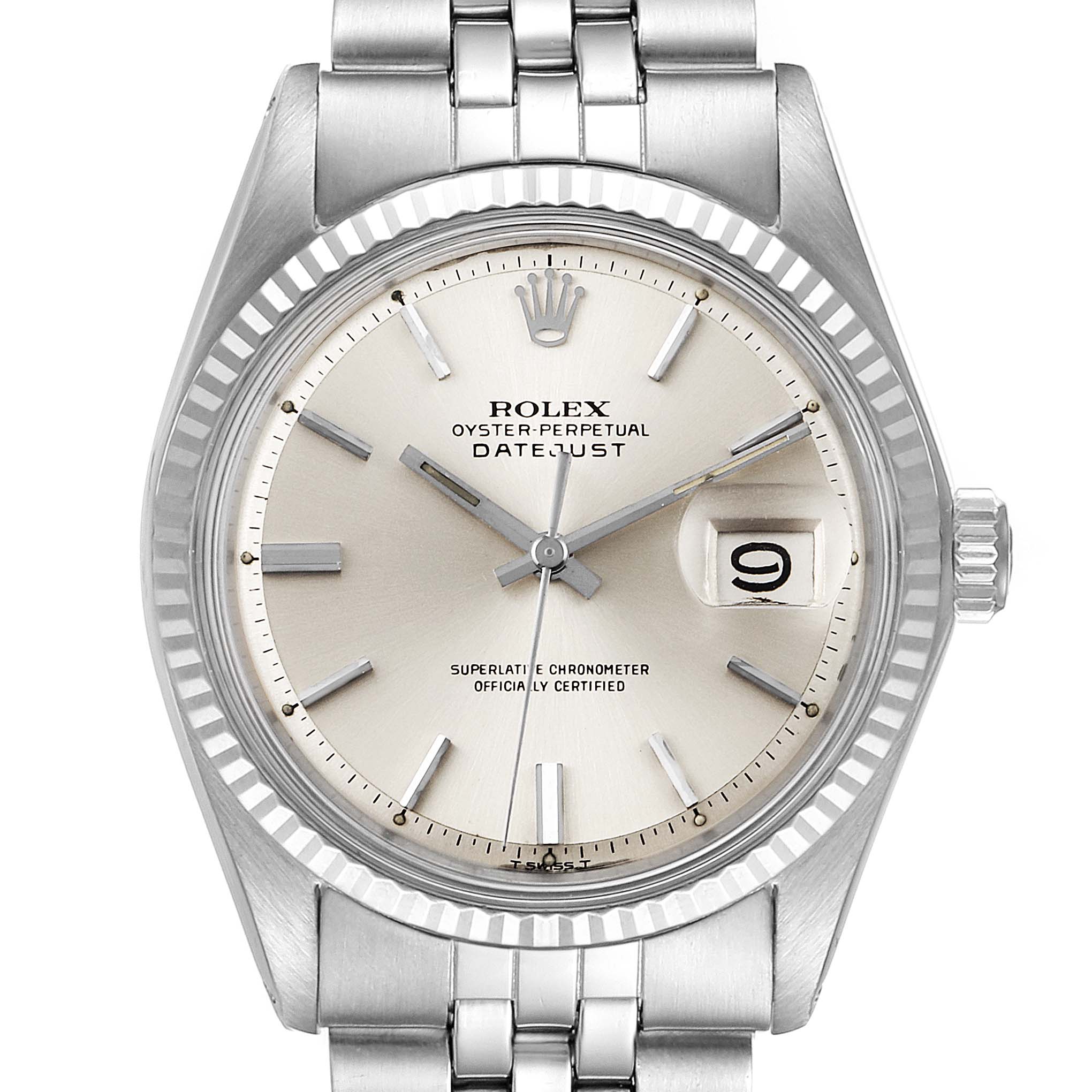 The image shows a frontal view of a Vintage Collection Rolex Oyster Perpetual Datejust watch, featuring the dial, hands, and crown.