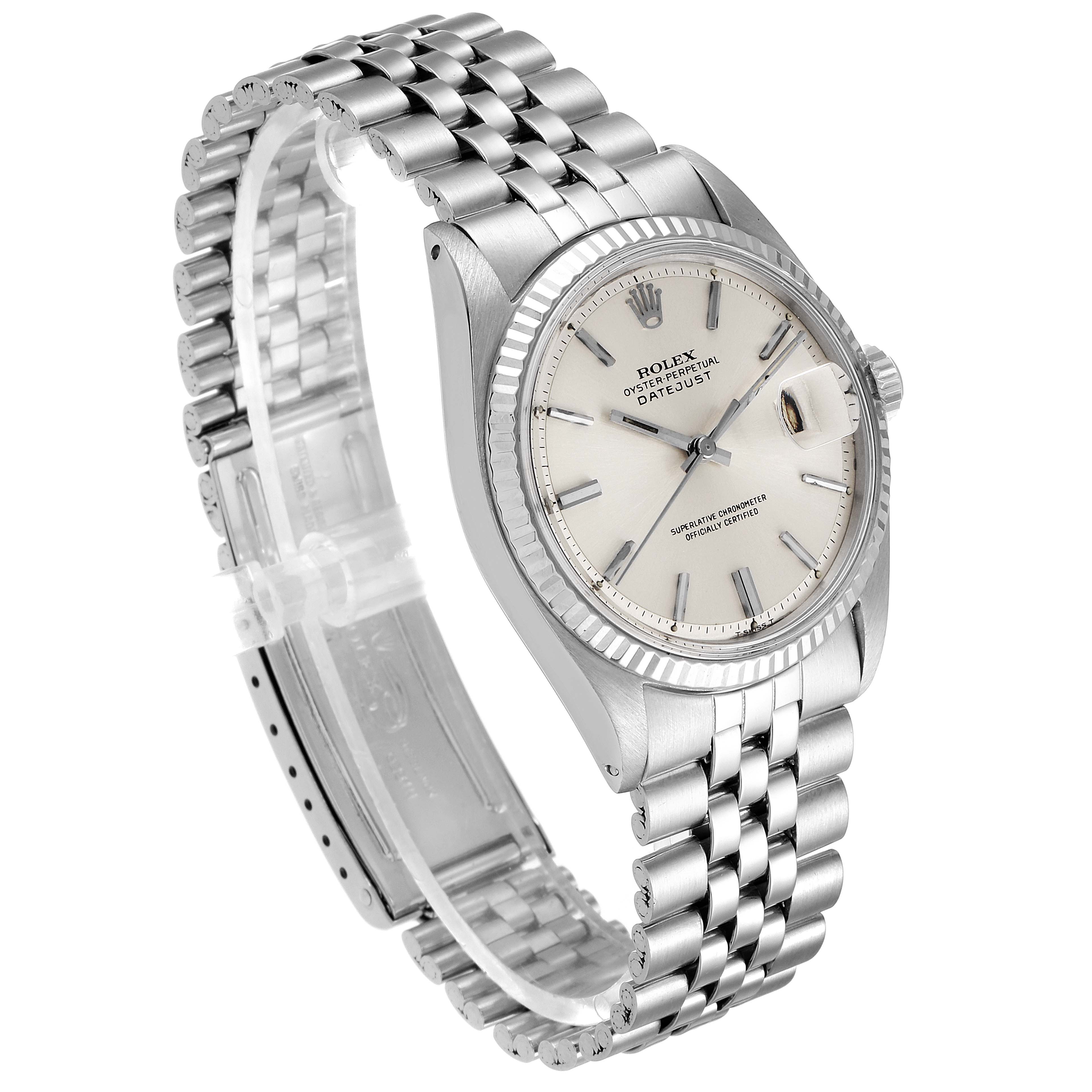 This Rolex Vintage Collection 1601 Men's Stainless Steel Silver Dial 1601 Men's Stainless Steel Silver Dial model is photographed at an angle showing the dial, bezel, crown, and jubilee bracelet.