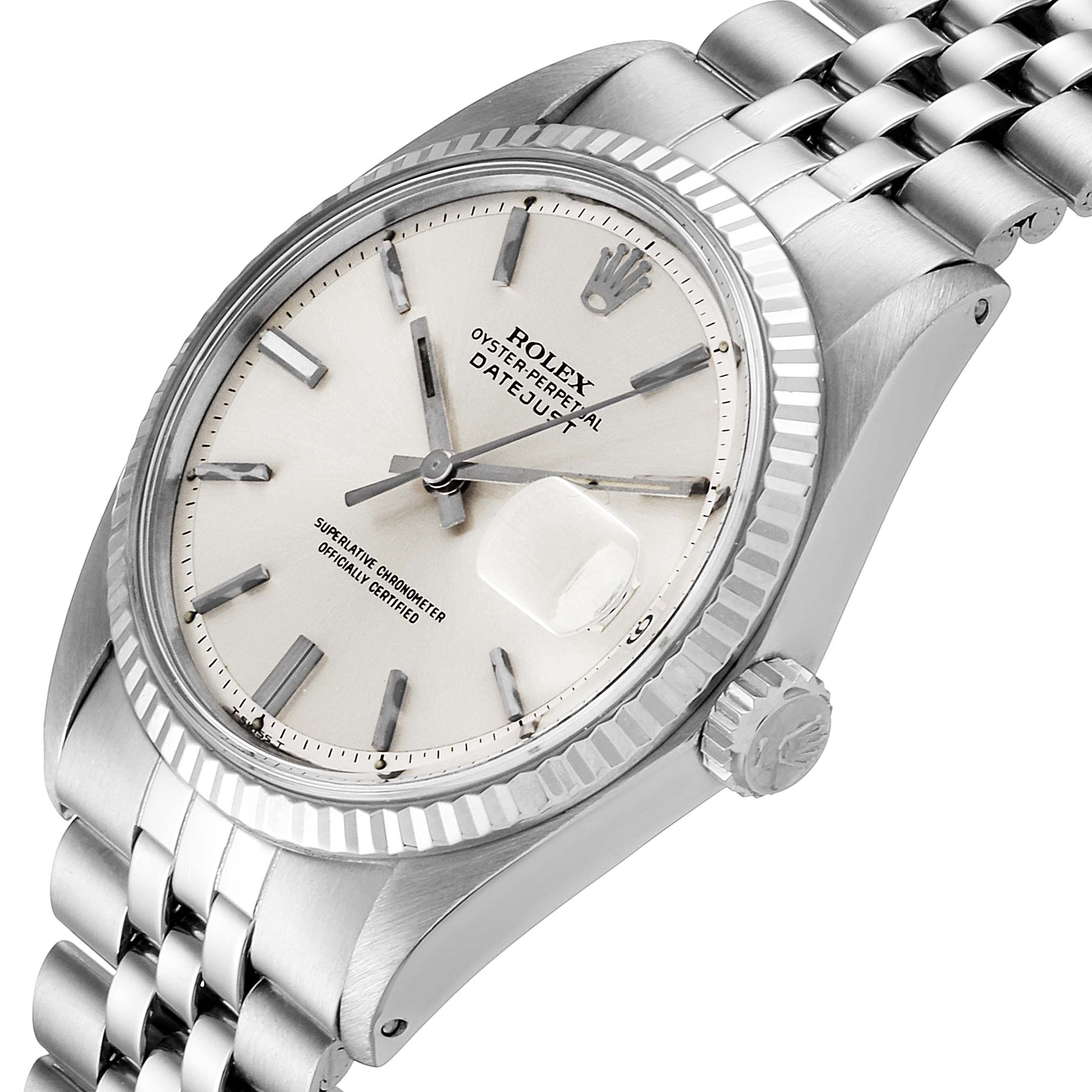 This image shows a side view of the Rolex Vintage Collection 1601 Men's Stainless Steel Silver Dial 1601 Men's Stainless Steel Silver Dial watch, highlighting its dial, crown, and bracelet.