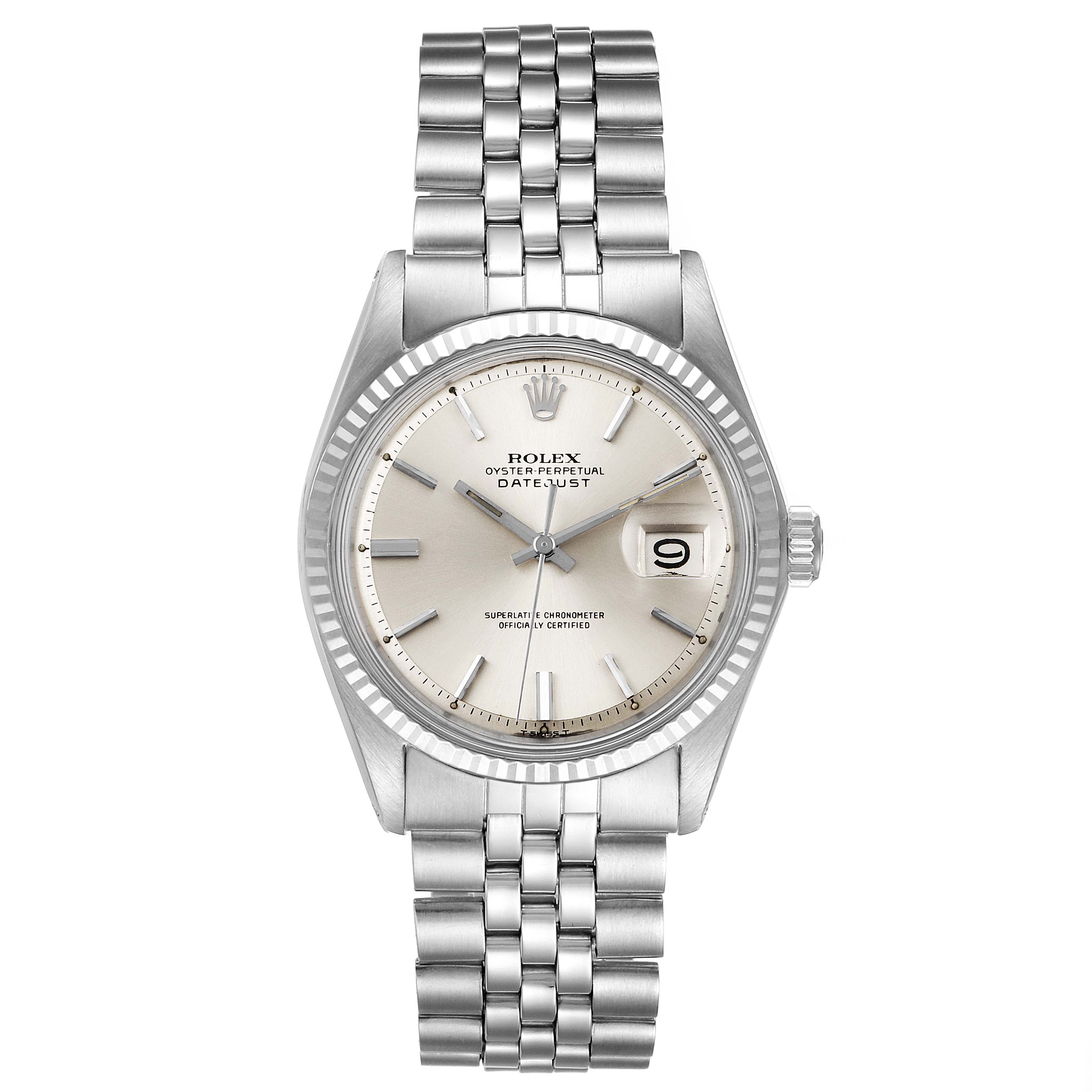 This image shows a front view of the Rolex Vintage Collection 1601 Men's Stainless Steel Silver Dial 1601 Men's Stainless Steel Silver Dial Oyster Perpetual Datejust watch, highlighting the dial, bezel, and bracelet.